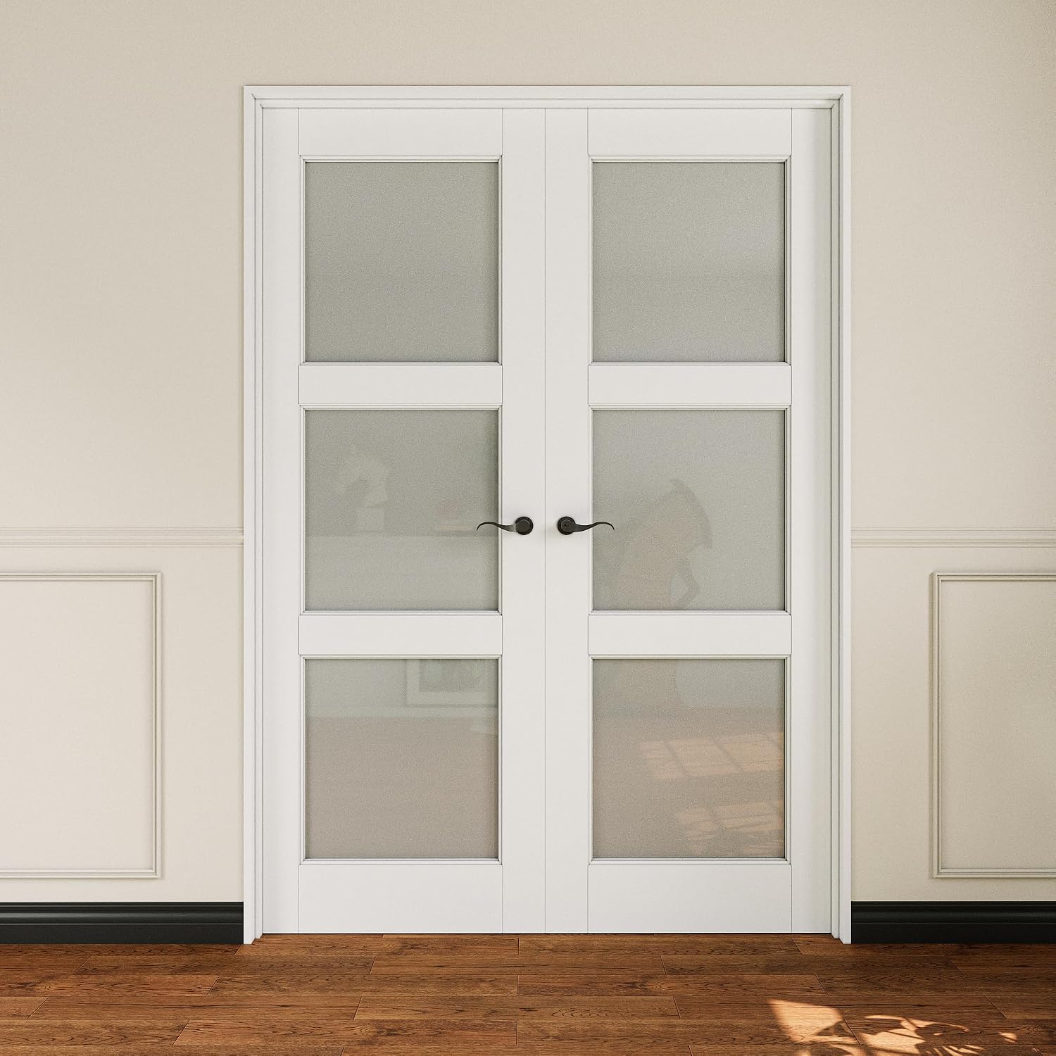 French Door 56' x 80' (Double 28' x 80') 3-Lite Frosted Glass Door Slabs with Pre-Hung Jamb, Black Hinges, Levers and Latch, White Primed, French Interior Doors with Frame, Swing Double Bedroom Doors