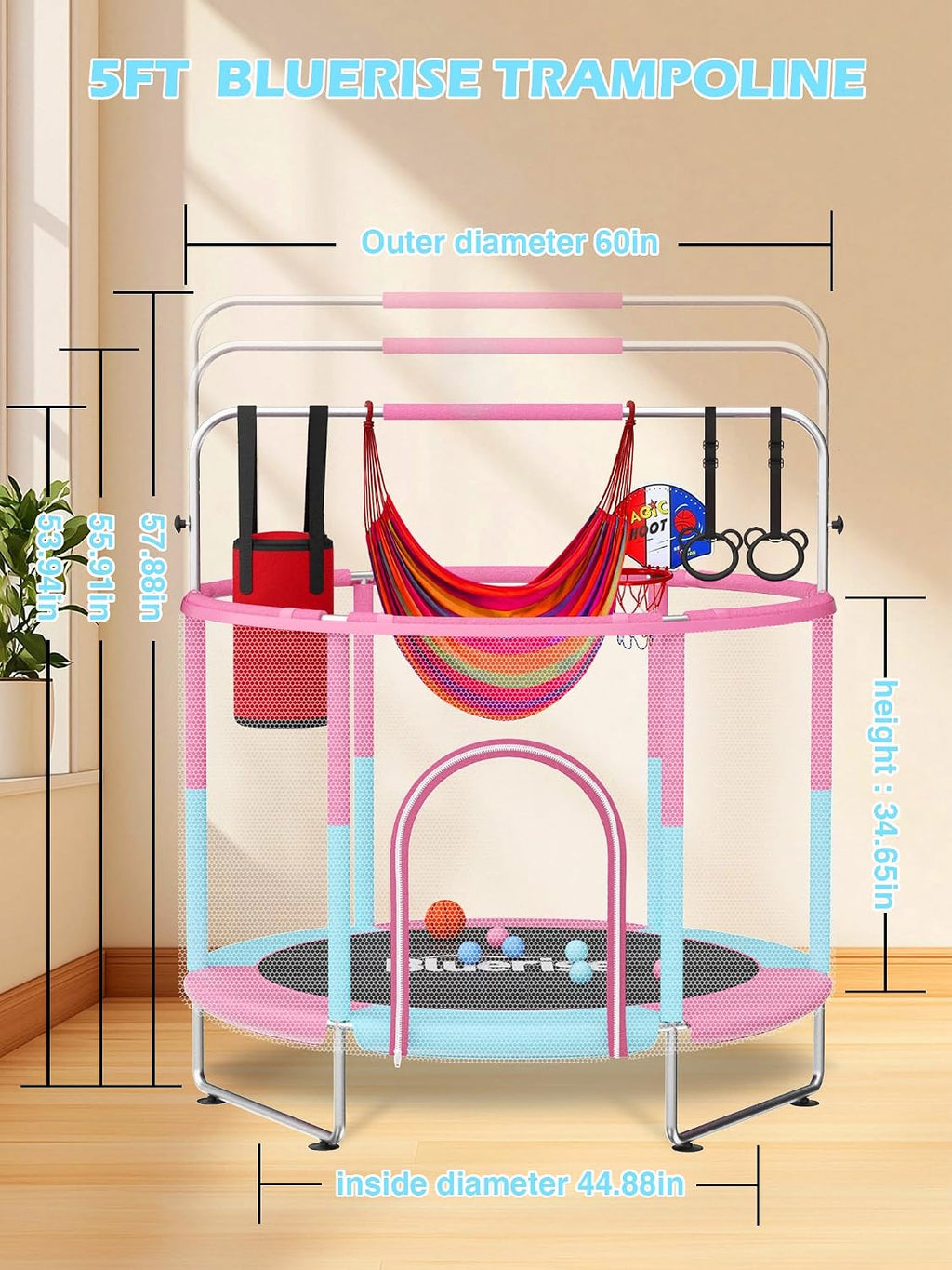 BLUERISE 60' Trampoline for Kids 5FT Toddler Trampolines Indoor/Outdoor with Adjustable Gymnastics Bar & Safety Net, No-Gap Design, Anti-Rollover Bottom, Basketball Hoop, Gifts for Boys & Girls