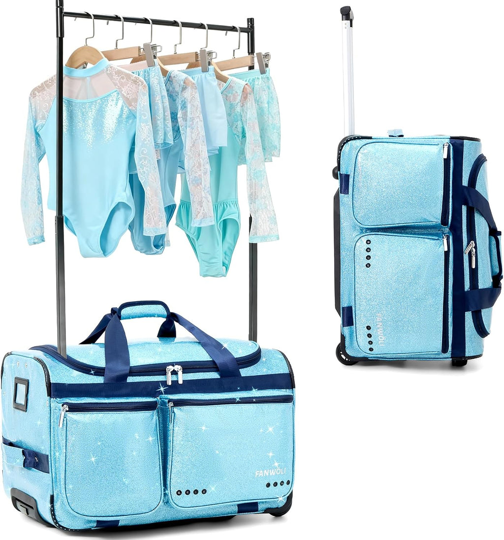 Fanwoli 23' Dance Bag with Garment Rack | Glittering Waterproof Fabric | Shine-Bright Collection | Ideal Competition Rolling Duffle Bag for Dancer Cheerleader Little Princess | Sparkle Blue
