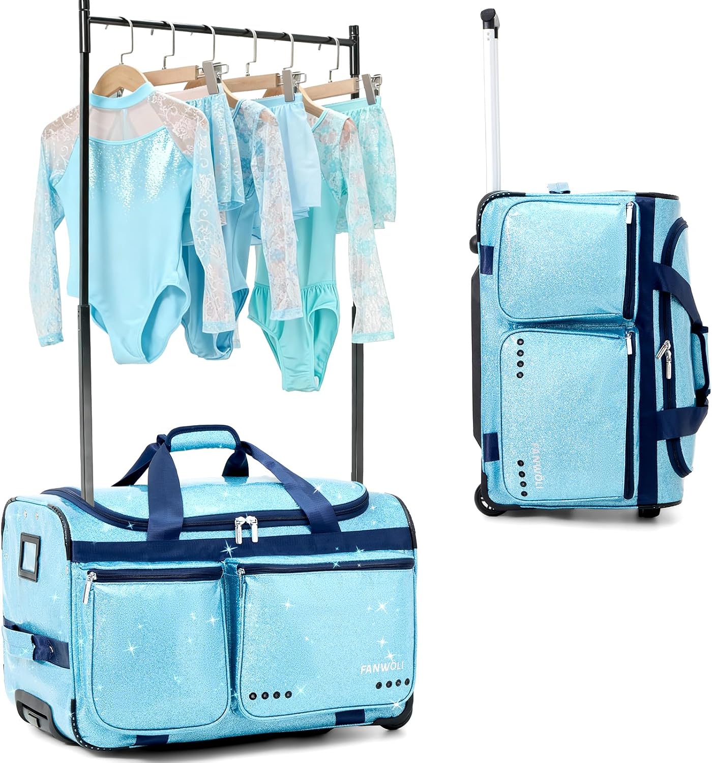 Fanwoli 23' Dance Bag with Garment Rack | Glittering Waterproof Fabric | Shine-Bright Collection | Ideal Competition Rolling Duffle Bag for Dancer Cheerleader Little Princess | Sparkle Blue