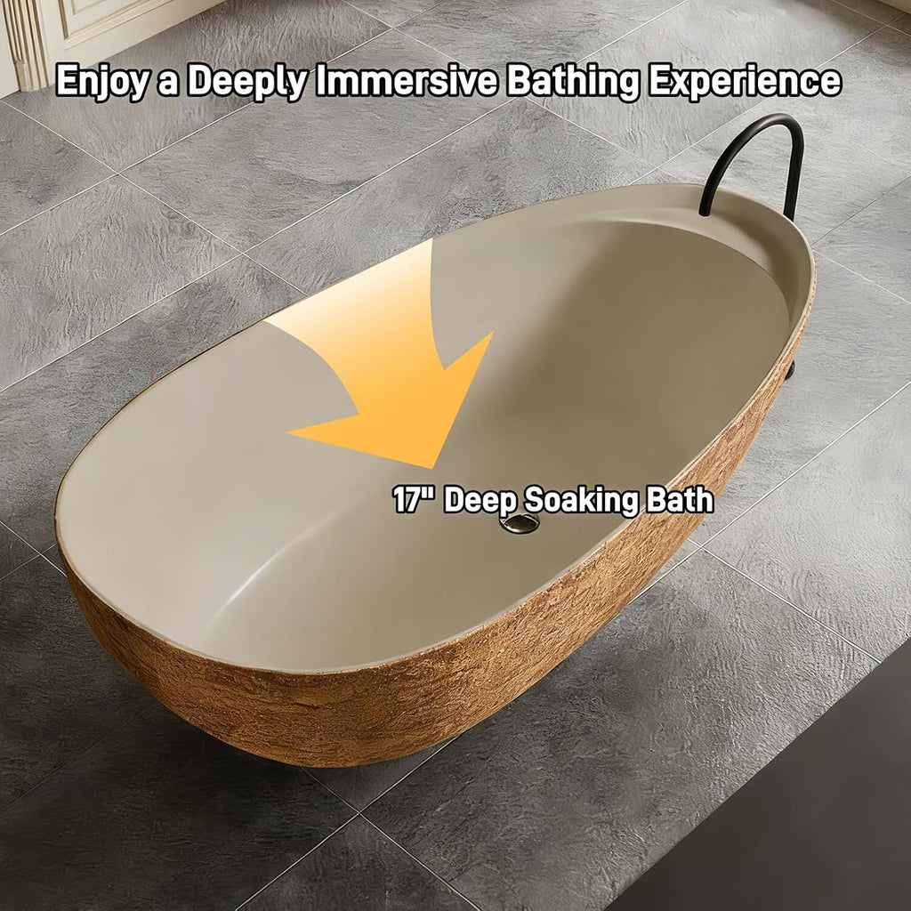 59' Edeyeu Freestanding Bathtub - Luxury Golden Stone Solid Surface Bathtub Soaking Tub, Designer Free Standing Tub for Modern Home Spa, Villa, and Hotel Bathrooms, Yellow
