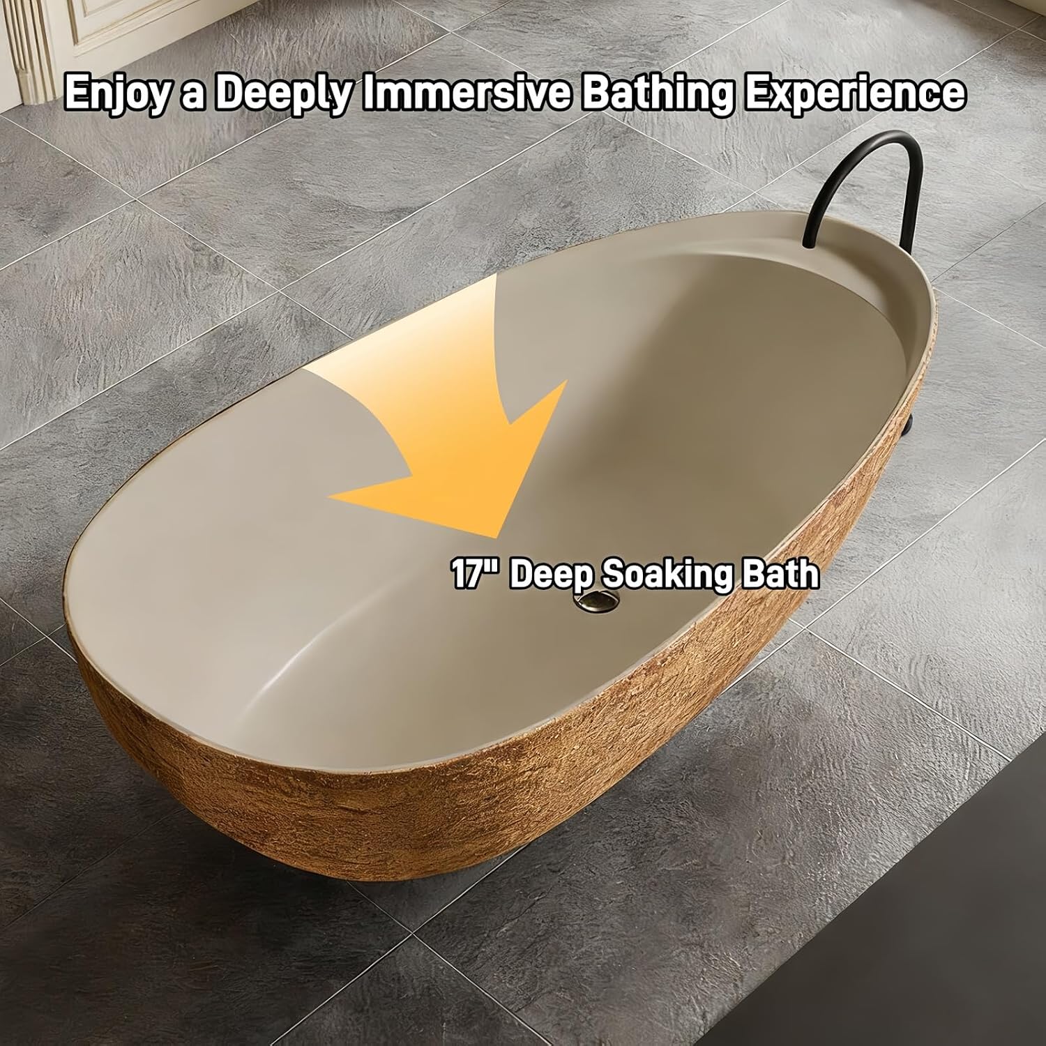 59' Edeyeu Freestanding Bathtub - Luxury Golden Stone Solid Surface Bathtub Soaking Tub, Designer Free Standing Tub for Modern Home Spa, Villa, and Hotel Bathrooms, Yellow