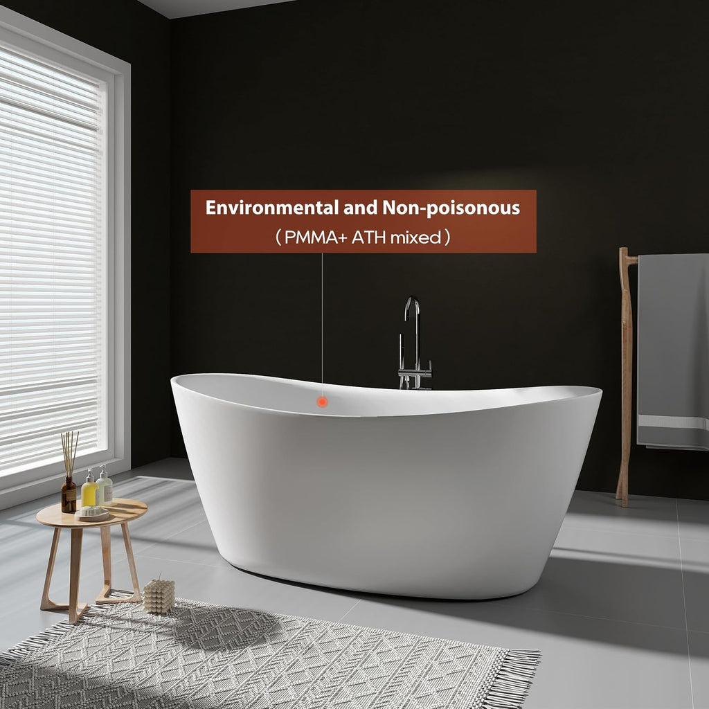 SJ STAR&JANE 65' Solid Surface Freestanding Bathtub Stone Resin Tub Oval Double Slippers Stand Alone Soaking Tub with Pop-up Drain and Overflow, Matte White
