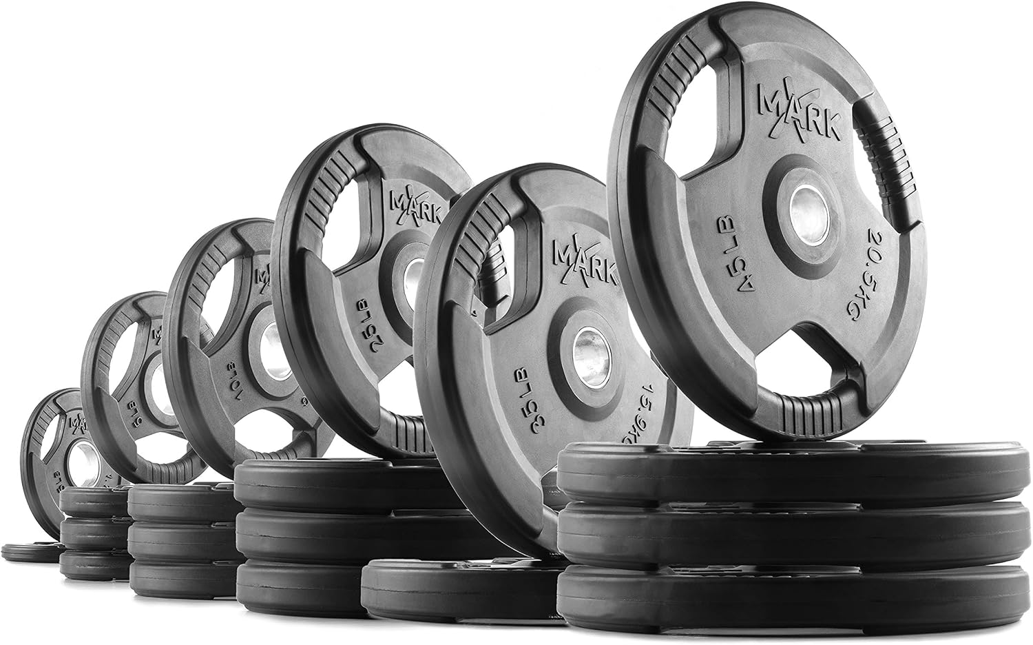 XMARK TRI-GRIP Pair or Set of Olympic Weight Plates, Rubber Coated Exercise Weights for Olympic Barbell, Strength Training Weight Set for Home Gym