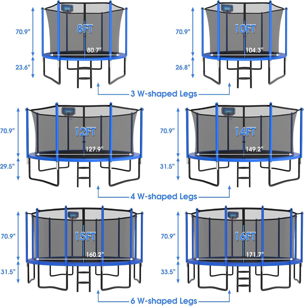 Exal Trampoline Outdoor with Basketball Hoop and Enclosure Net, 1500LBS Backyard Heavy Duty Trampoline ASTM CPC Certified Kids Trampoline, Light, Sprinkler, Socks, No-Gap Pad, Wind Stakes Included