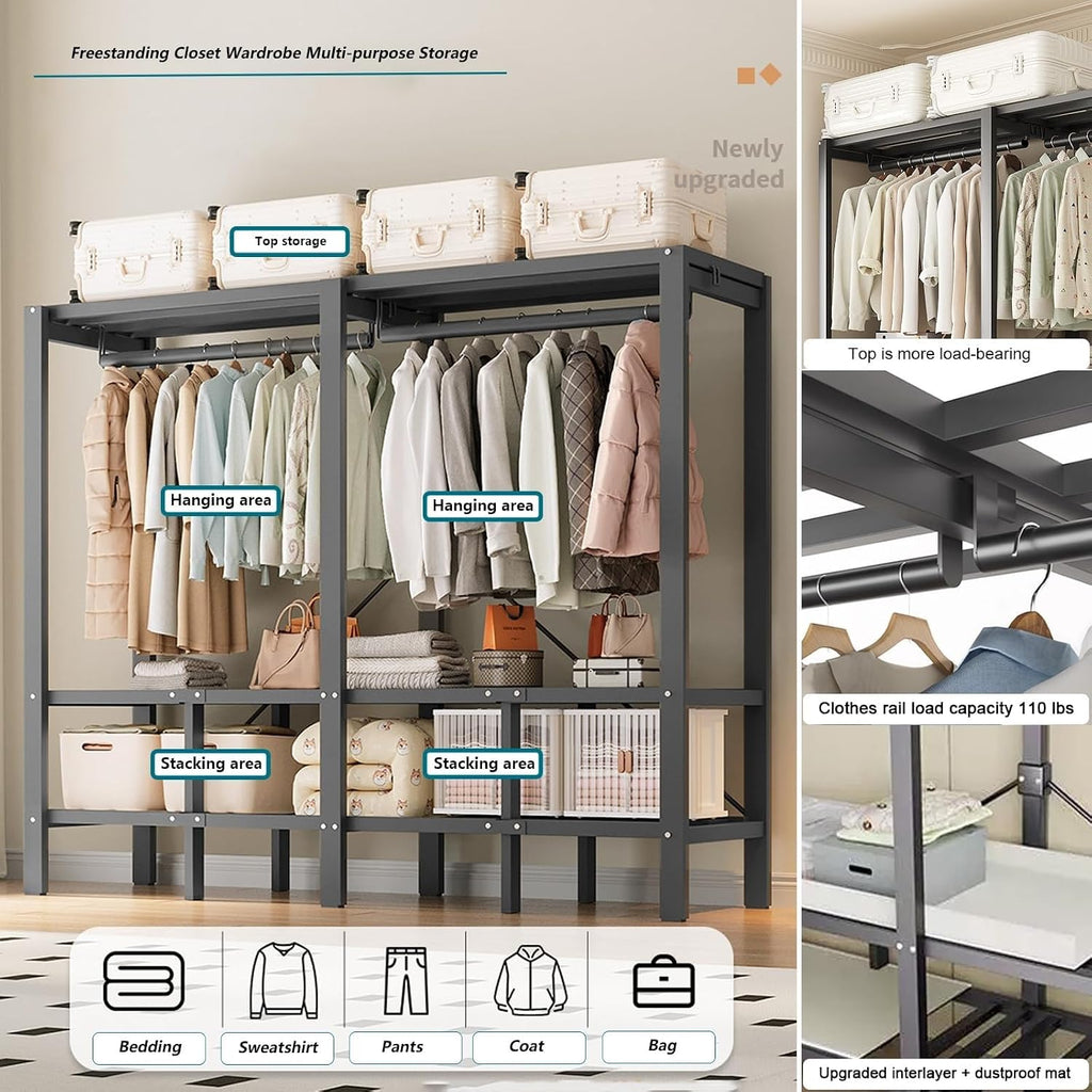 Heavy Duty Metal Clothing Rack with Cover Foldable Covered Clothes Rack with 2 Hanging Rods Freestanding Portable Wardrobe Closets Garment Rack Wardrobe Clothes Organizer ﻿(125cm/49.2in)