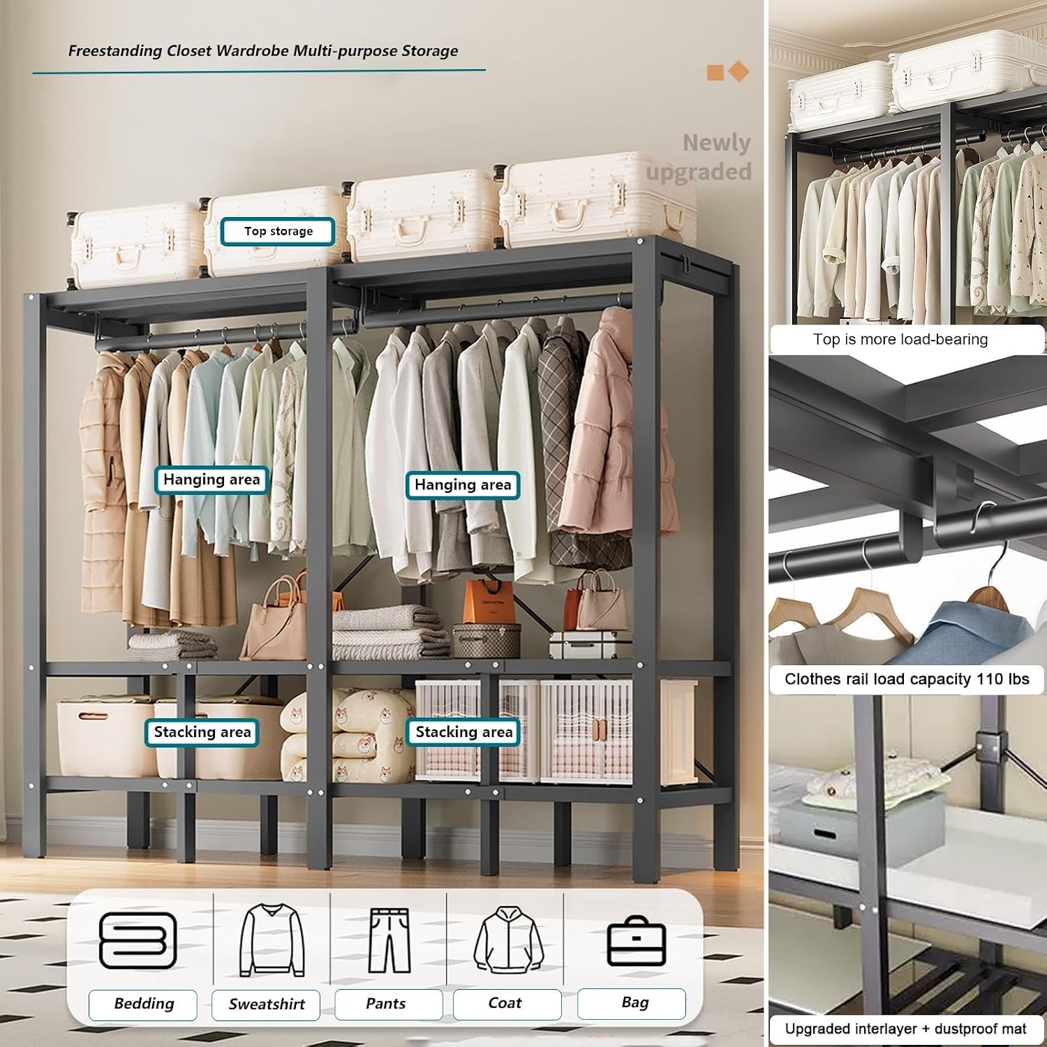 Heavy Duty Metal Clothing Rack With Cover, Portable Folding Wardrobe Closet With 2 Hanging Rods, Space Saving Bedroom Closet Rack, Freestanding Wardrobe Clothes Organizer Organizing System(150cm/59.1i
