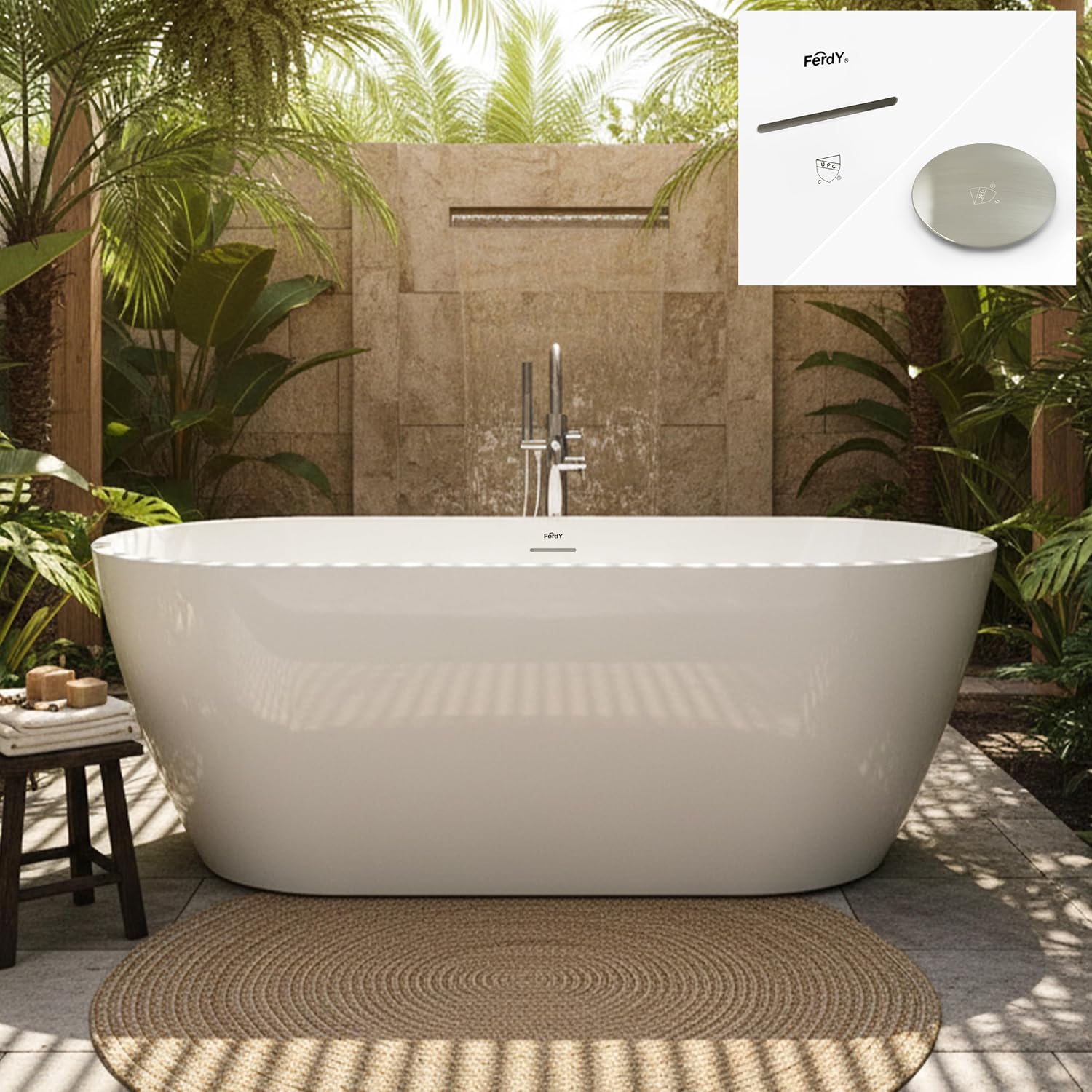 FerdY 67' Acrylic Freestanding Bathtub, Contemporary Soaking tub with Brushed Nickel Drain & Overflow, Elegant Oval Shape, cUPC Certified, Bali