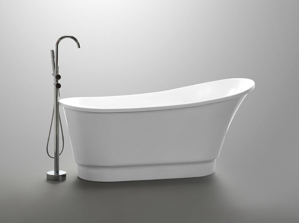 ANZZI Freestanding Bathtub Acrylic 67 In Flat Bottom Glossy White Prima Series One Piece Soaking Tub Modern Oval Design Center Drain Solid Surface Reinforced Construction Sleek Style | FT-AZ095