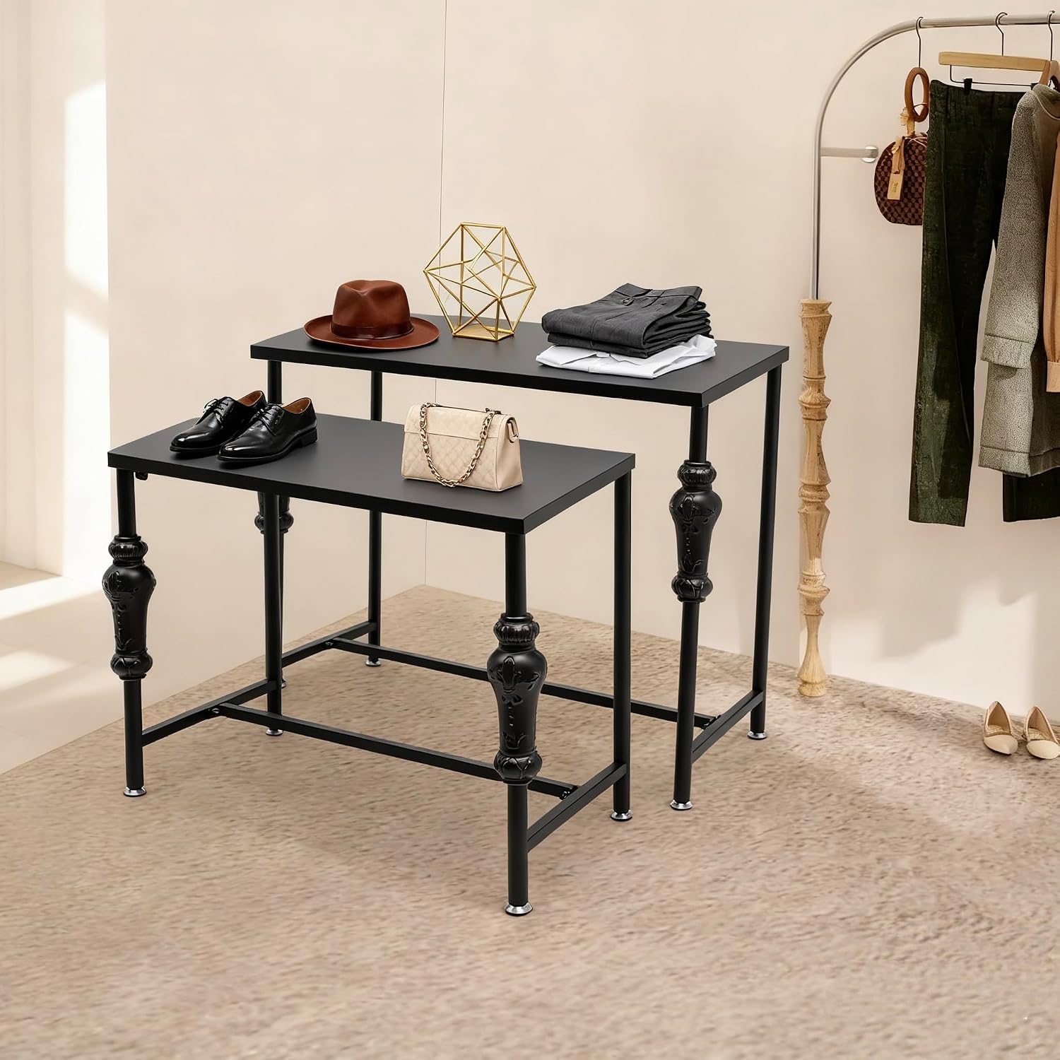 Metal Clothing Shoe Handbag Display Table, 2 Tier Heavy Duty Risers Display Stands, Standing Garment Rack Display Riser Shelf Nesting Tables for Boutiqu Retail Stores Vendor Events-Black