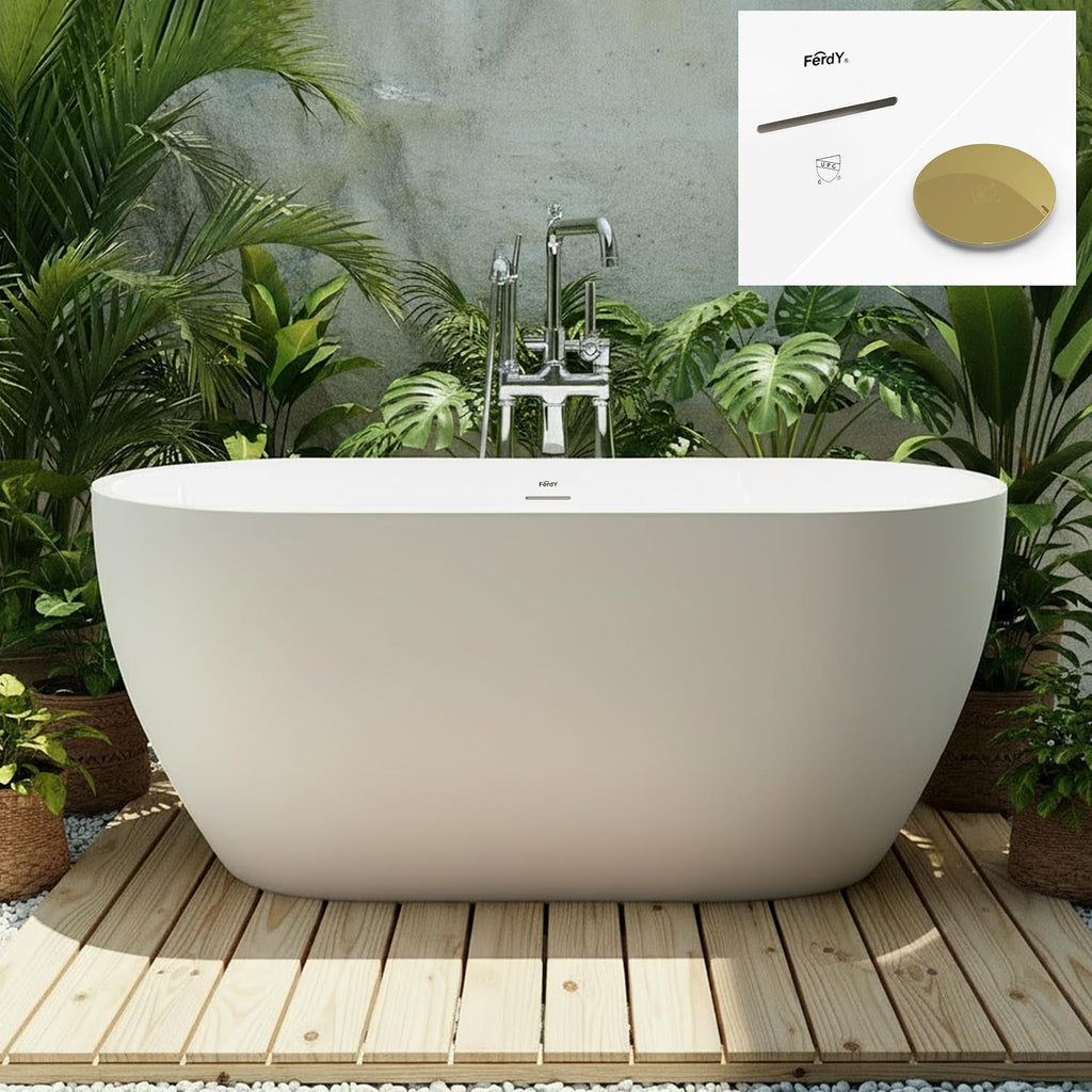 FerdY 59' Acrylic Freestanding Bathtub, Contemporary Soaking tub with Polished Gold Drain & Overflow, Elegant Oval Shape, cUPC Certified, Bali
