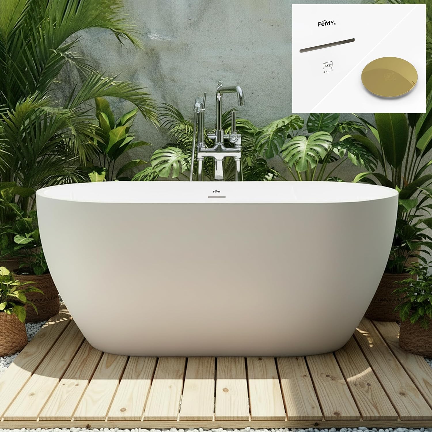 FerdY 59' Acrylic Freestanding Bathtub, Contemporary Soaking tub with Polished Gold Drain & Overflow, Elegant Oval Shape, cUPC Certified, Bali