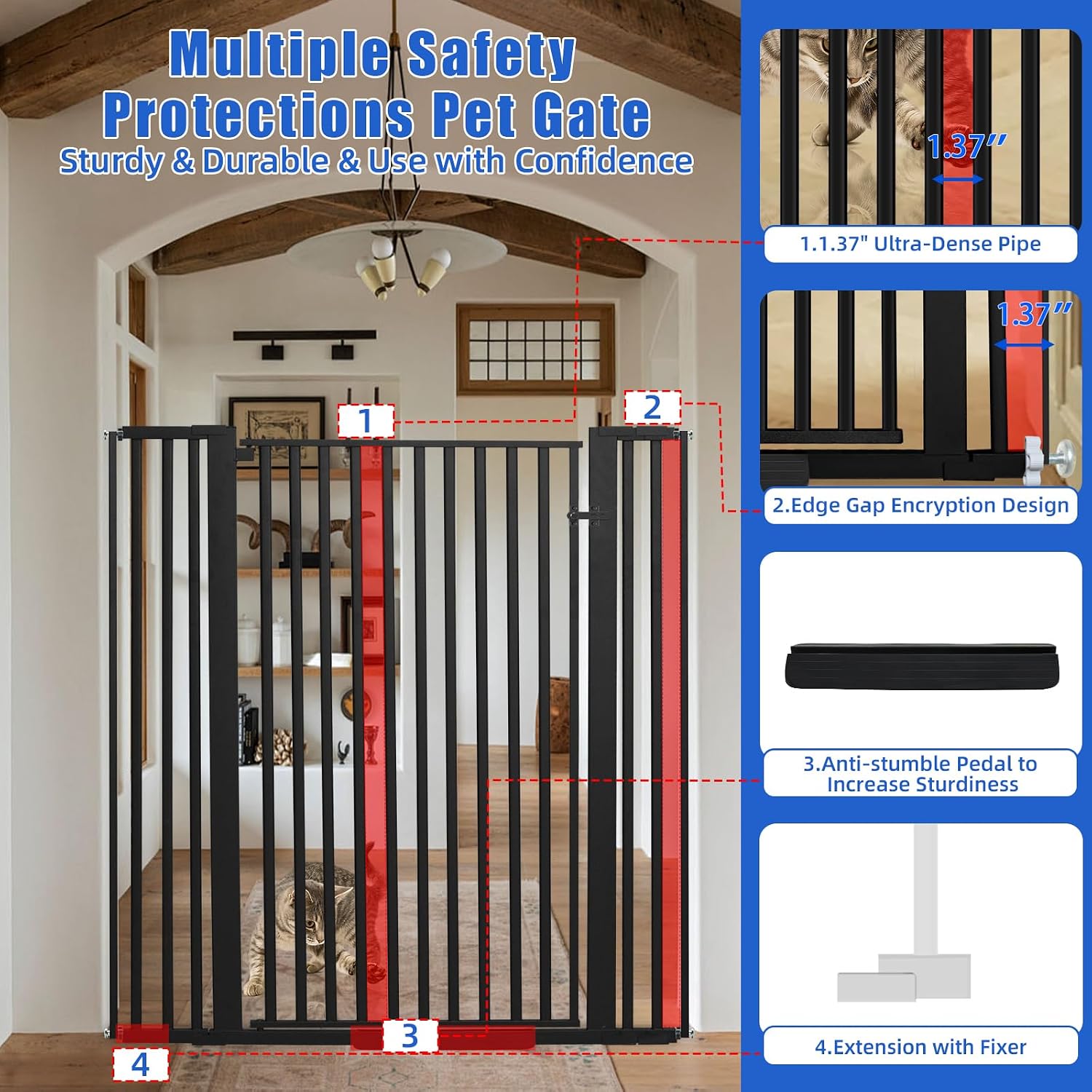 SHYUJAJIE 55 Inch Extra Tall Pet Gate for Cats,29.92'-43' Adjustable Wide Dog Gates,Pressure Mounted Walk Through Tall Pets Gate for Doorways,Hallway,Stairs(Black)