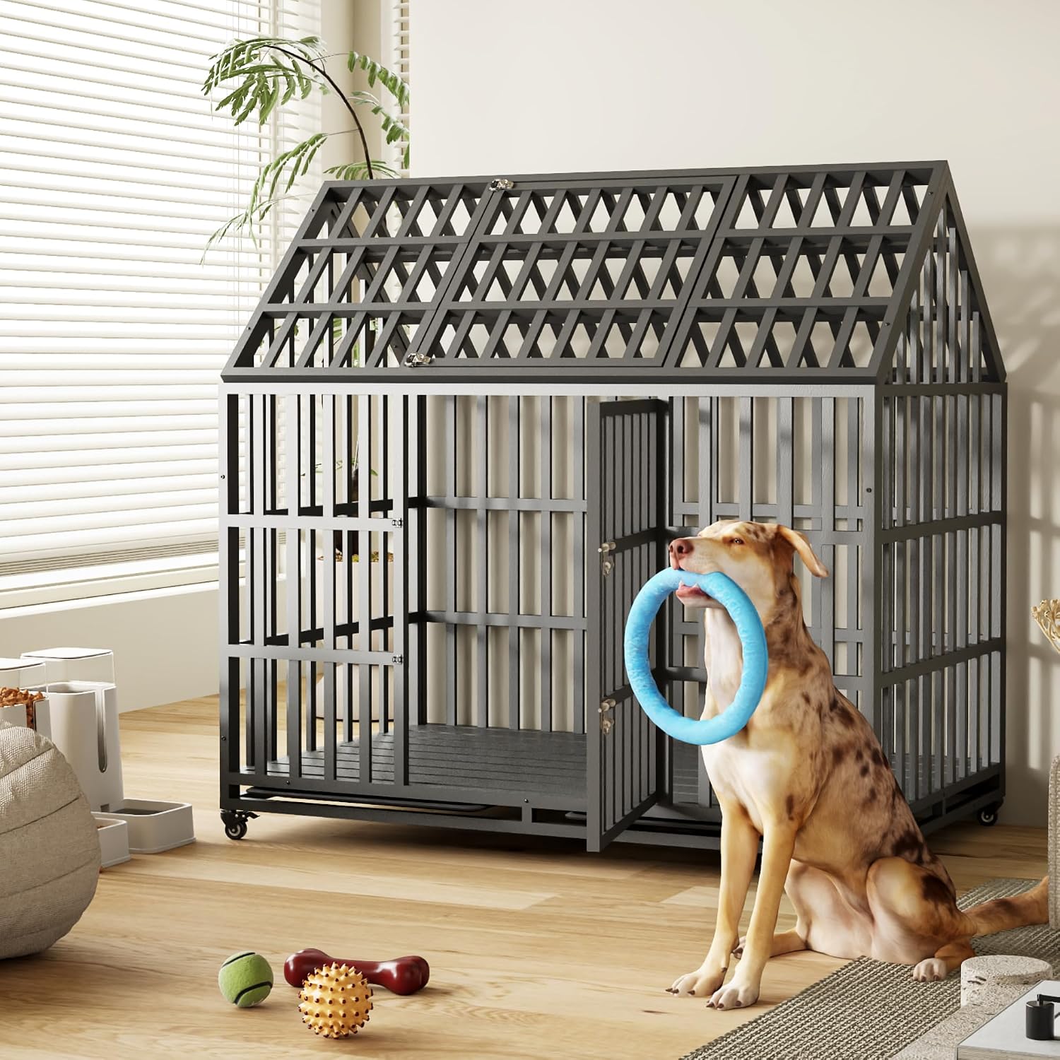 Extra Large Dog Crate Cage, 55'' Heavy Duty Galvanized Iron Dogs Cage Kennels Crates Furniture with Front Door, Top Door and 4 Lockable Wheels for Patio, Home, Backyard