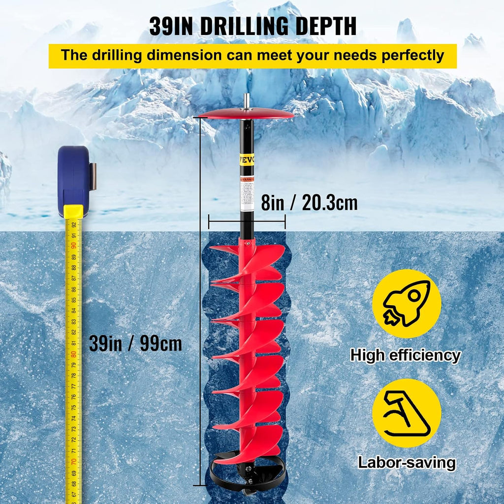 VEVOR Ice Auger, 8' Diameter Ice Fishing Auger Drill Bit, 39' Length Nylon Corless Ice Augers for Ice Fishing with Extra 11.8' Extension Rod, Drill Adapter, Top Plate and Blade Guard
