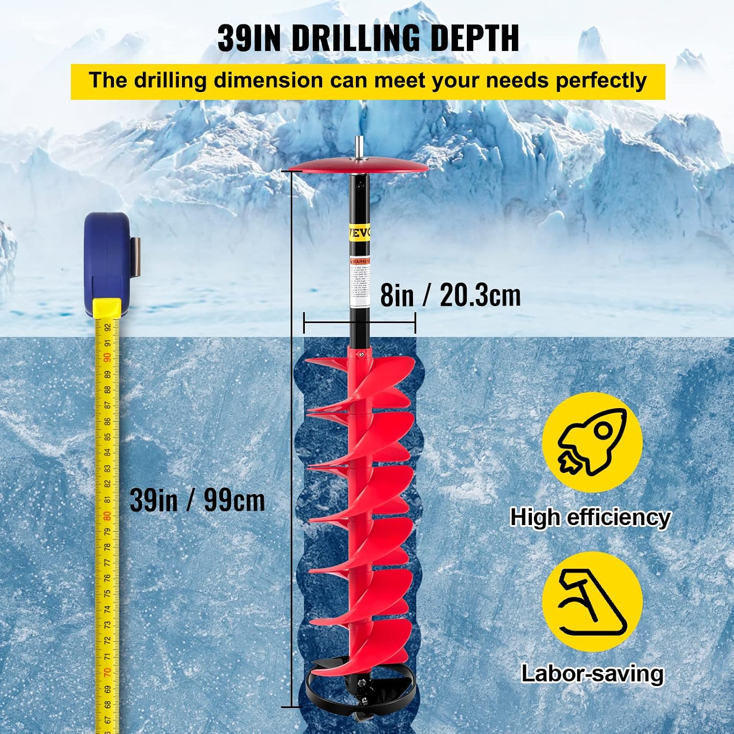 VEVOR Ice Auger, 8' Diameter Ice Fishing Auger Drill Bit, 39' Length Nylon Corless Ice Augers for Ice Fishing with Extra 11.8' Extension Rod, Drill Adapter, Top Plate and Blade Guard