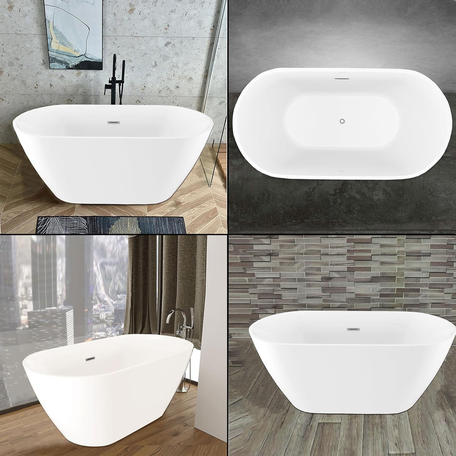 BuildMyplace 59' Acrylic Freestanding Bathtub, Contemporary Soaking Tub With Overflow and Pop Up Drain In Chrome, Stand Alone Soaking BathTub, Glossy White Bathroom Tub for Adults, cUPC Certified