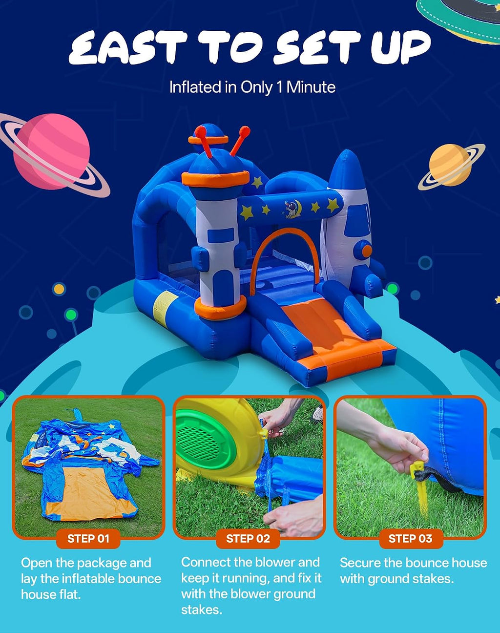 Bounce House, Inflatable Bouce House for Kids 3-6 with Basketball Hoop Jump Area and Slide, Space-Themed Inflatable Bouncy Castle with Air Blower for Indoor/Outdoor