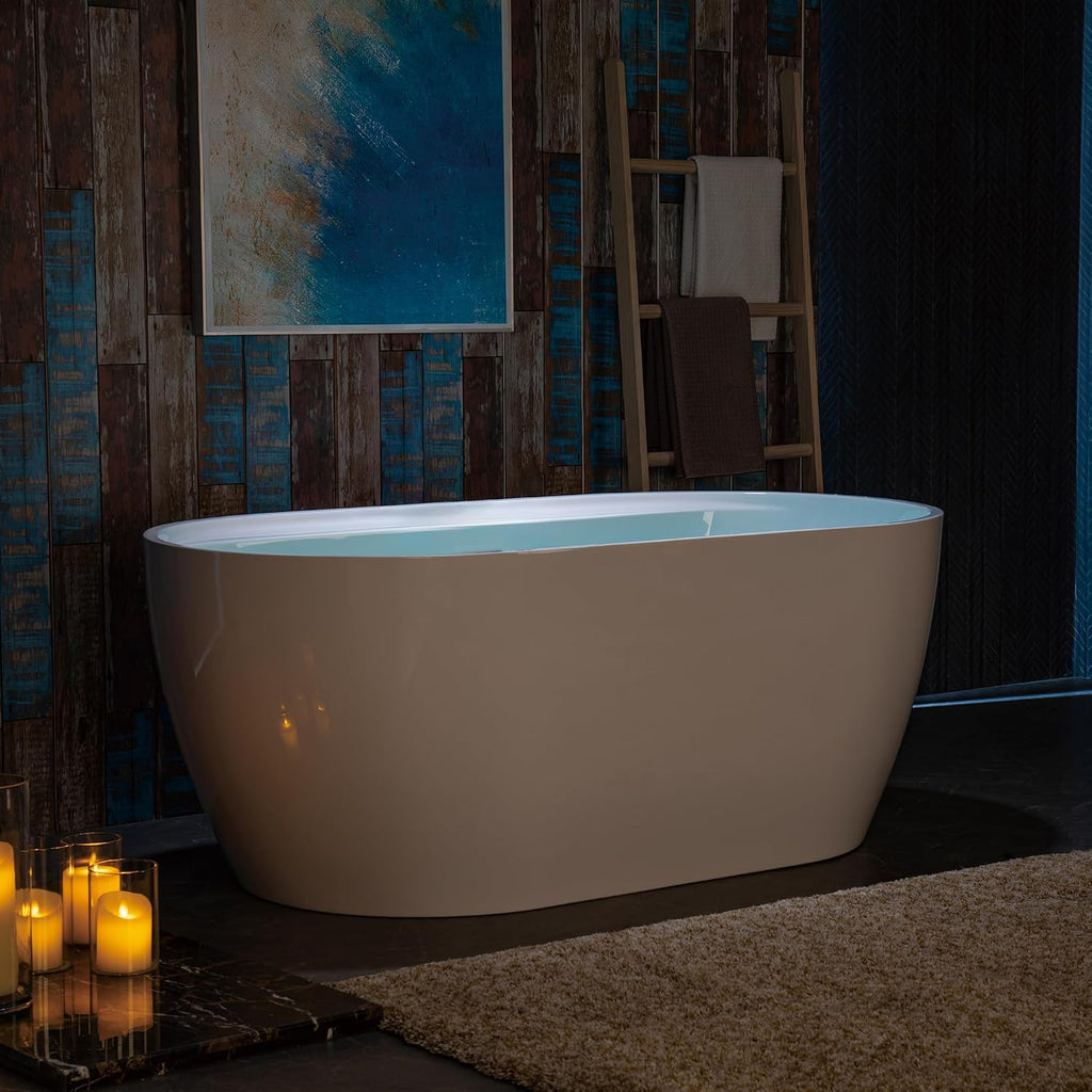 WOODBRIDGE 59' Acrylic Freestanding Bathtub Contemporary Soaking White Tub with Brushed Nickel Overflow and Drain,B0064-B/N