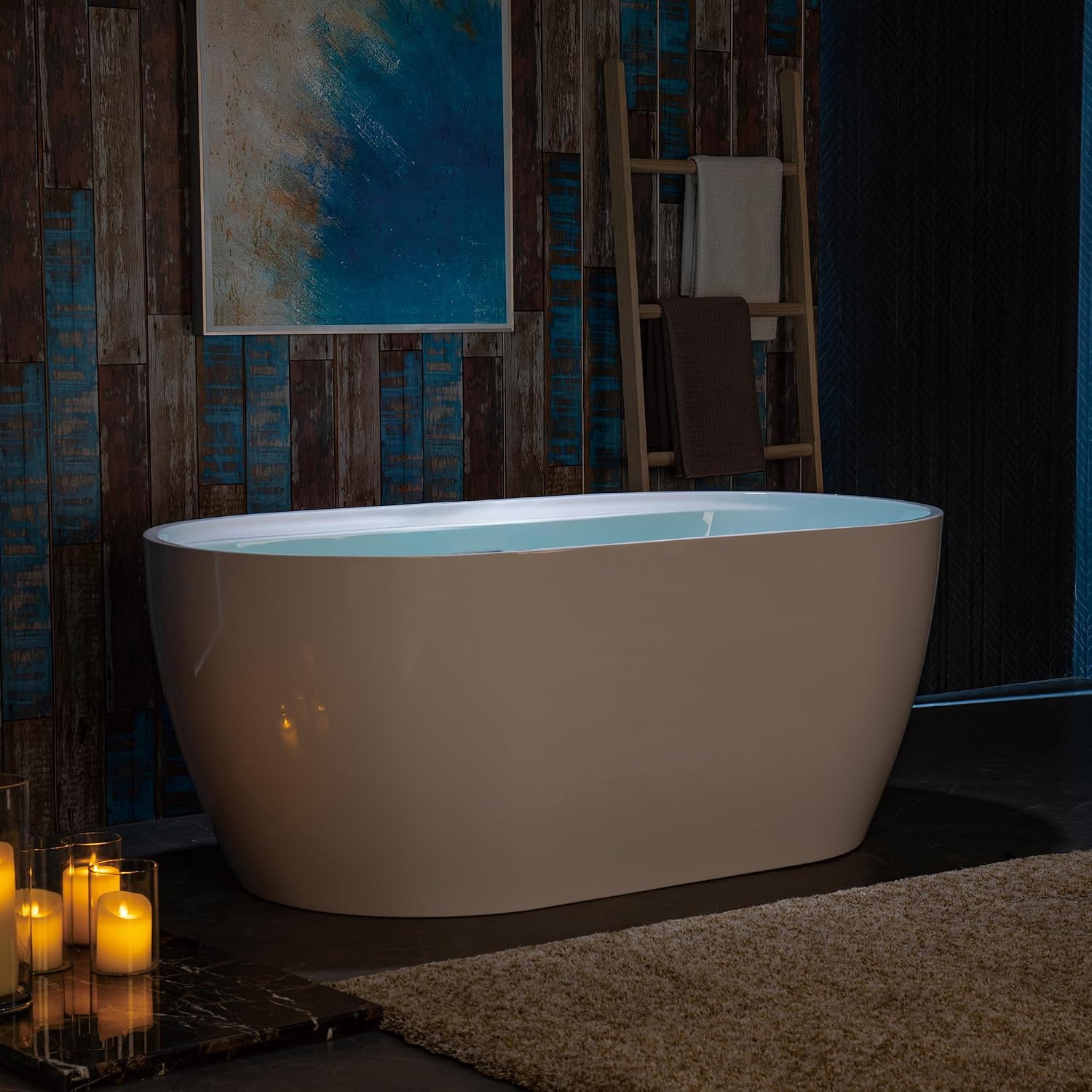 WOODBRIDGE 59' Acrylic Freestanding Bathtub Contemporary Soaking White Tub with Brushed Nickel Overflow and Drain,B0064-B/N