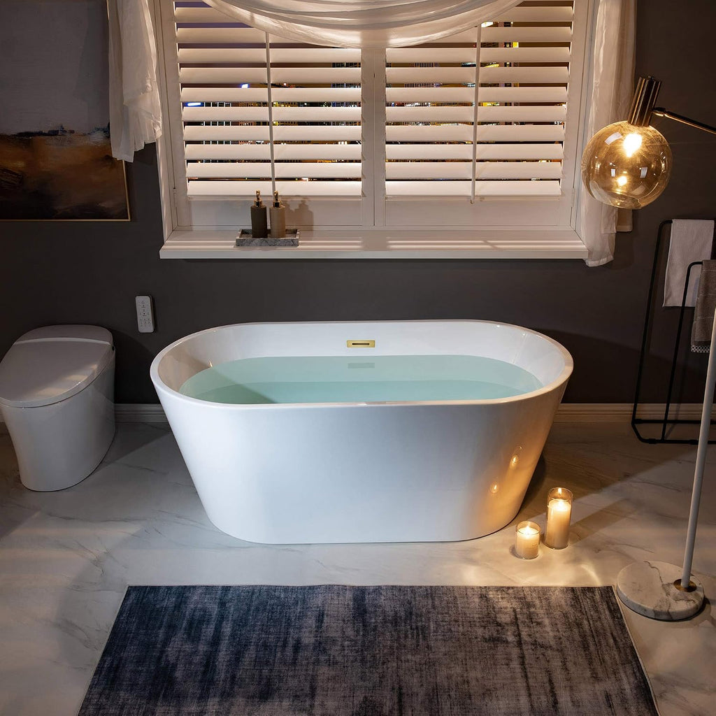 WOODBRIDGE 59' Freestanding White Acrylic Soaking Bathtub with Brushed Gold Drain and Overflow,BTA1514 -BG-Drain &O