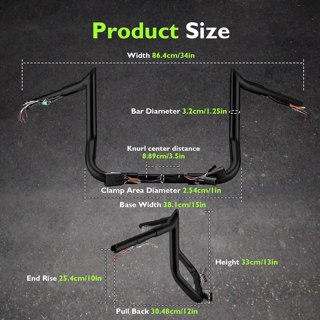 Mofun 10' Rise Pre-Wired Handlebars Ape Hangers 1 1/4' Fat 1' Clamp Compatible with Harley Touring Street Glide Electra Glide Ultra Limited, 2008-2013 Black