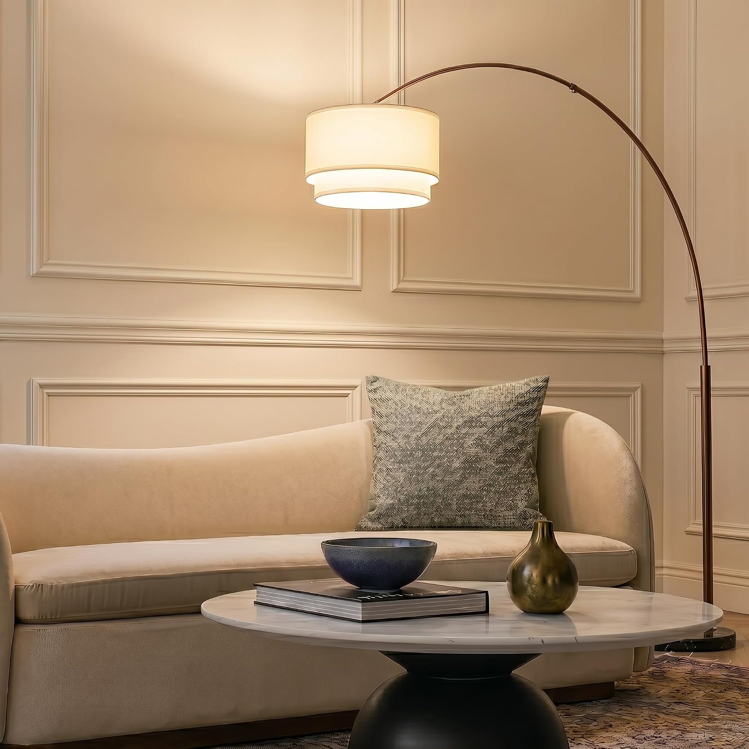 Brightech Mason Arc Floor Lamp - Modern Corner Standing Lamp with Unique Hanging Drum Lamp Shade for Living Room - Bright Overhead, Curved Hanging Light for Bedroom. Library, Den - Bronze