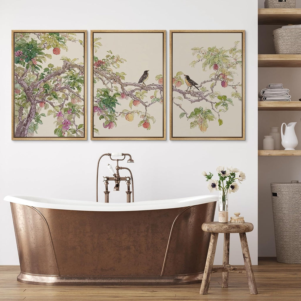 wall26 Framed Print Wall Art Set Watercolor Fruit Tree Branch with Birds Botanical Decorative Minimal Relax/Zen for Living Room, Bedroom, Office - 16'x24'x3 NATURAL