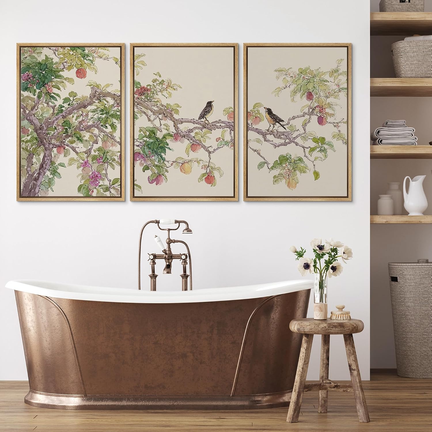 wall26 Framed Print Wall Art Set Watercolor Fruit Tree Branch with Birds Botanical Decorative Minimal Relax/Zen for Living Room, Bedroom, Office - 16'x24'x3 NATURAL
