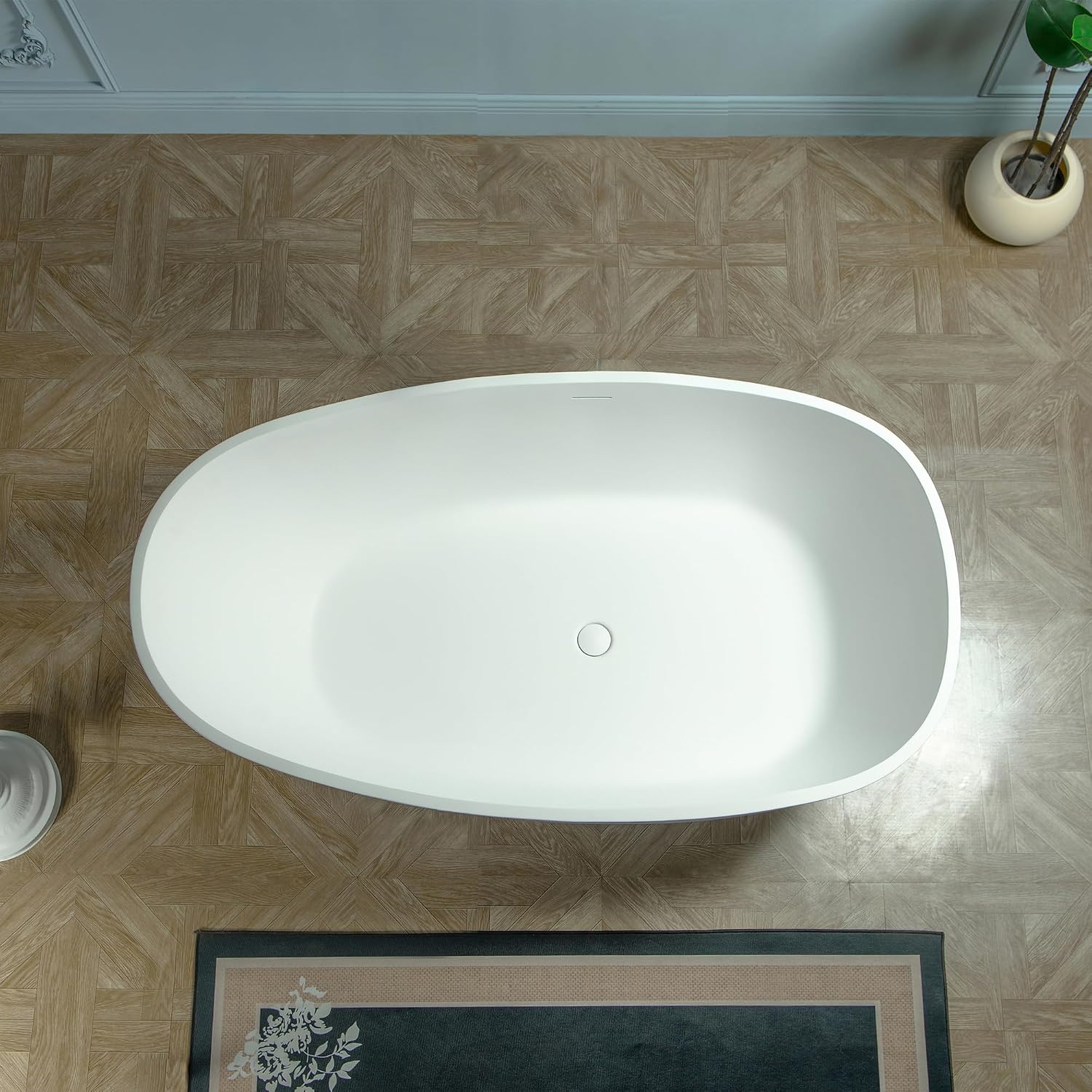 WOODBRIDGE 59' Egg-Shaped Solid Surface Freestanding Soaking Tub, Modern Oval Stone Resin Bathtub with Integrated Slotted Overflow & Drain, Matte White, EST0701