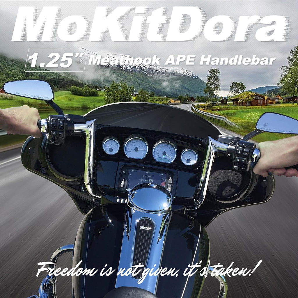 MoKitDora Street Electra Glide Ape Hanger 10' Rise 1-1/4' Fat 1' Clamp Monkey Bagger Meathook Bars for 1986-2023 Harley FLHT & FLHX Ultra Limited Tri-Glide, Chrome