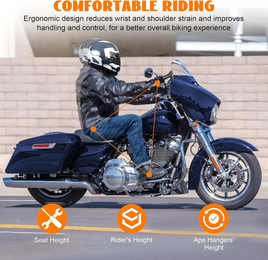 12' Rise Pre-Wired Ape Hangers Handlebars 1 1/4' Fat 1' Clamp Meathook Monkey Bar Gloss Black Fit for Harley Touring Miter Cut 2013 Cvo 2016-2023 Street Glide Electra Glide Ultra Limited