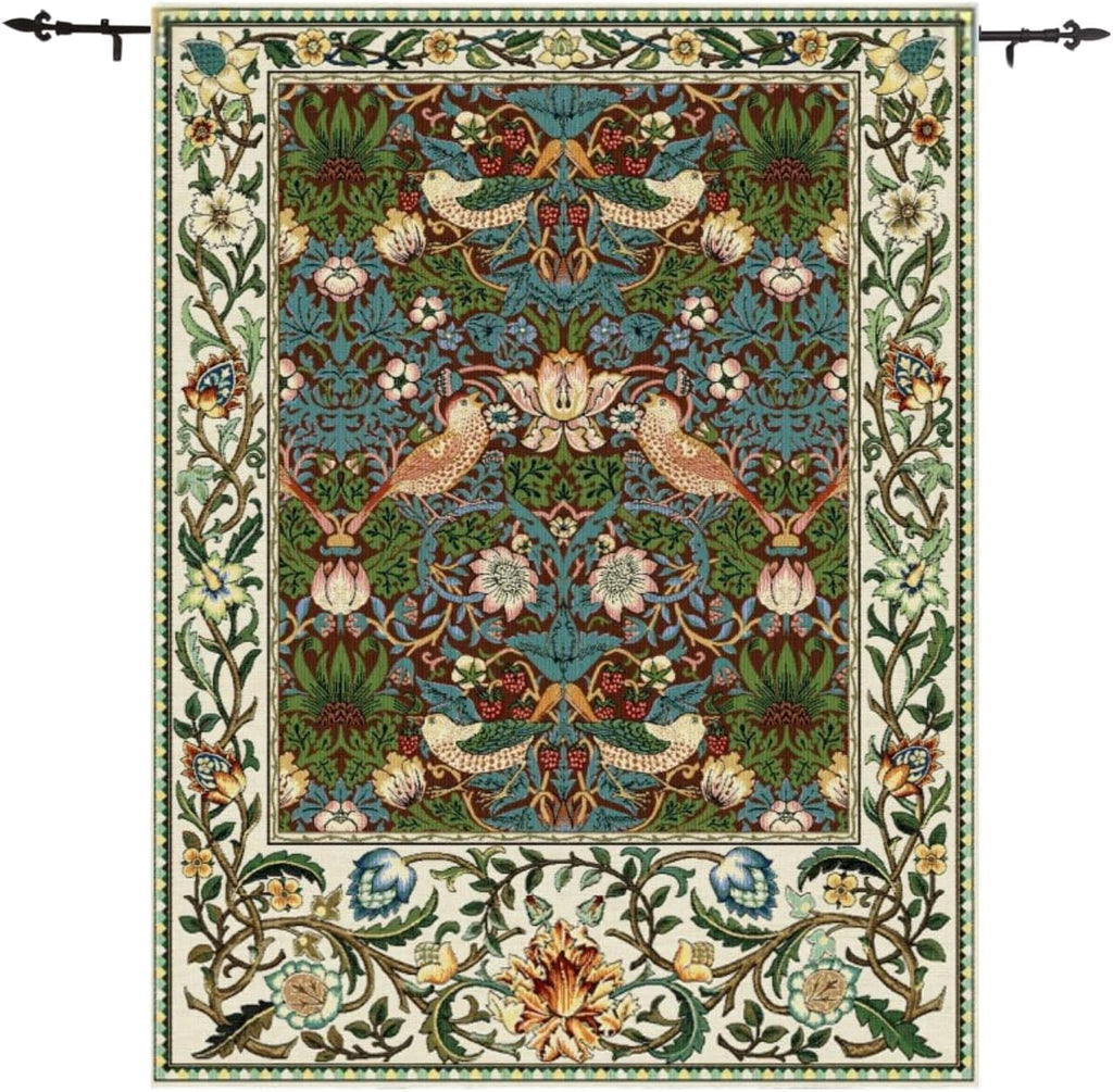 ORIMONY William Morris Strawberry Thief Tapestry - Vintage Floral Bird Art, Medieval Jacquard Woven Tapestry Wall Hanging for Living Room & Bedroom Size 27'x35' (Brown)