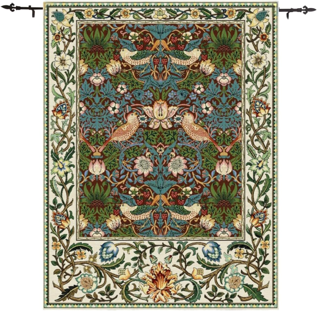 ORIMONY William Morris Strawberry Thief Tapestry - Vintage Floral Bird Art, Medieval Jacquard Woven Tapestry Wall Hanging for Living Room & Bedroom Size 27'x35' (Brown)
