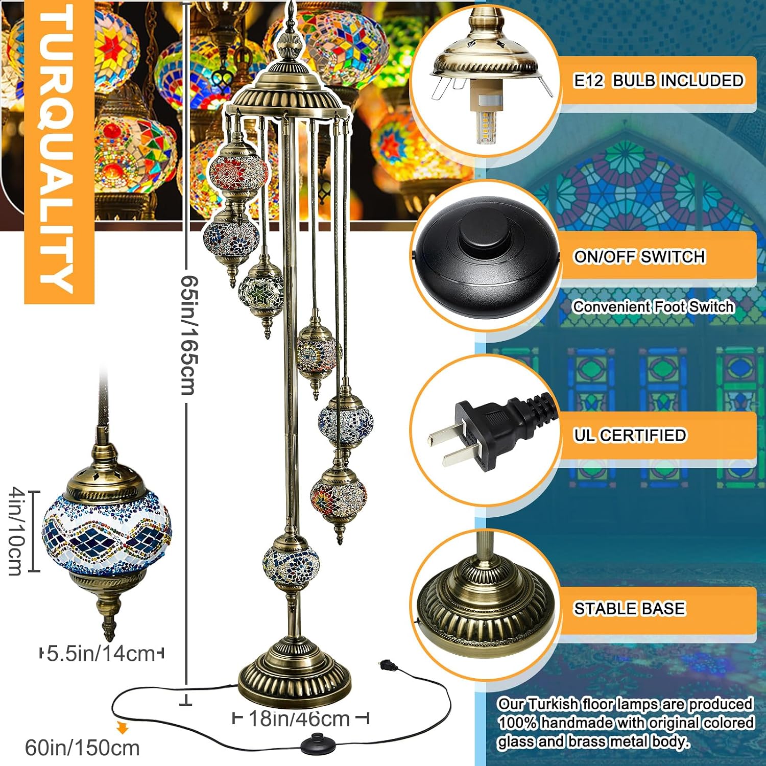 Hortsun Turkish Lamp Moroccan Floor Lamp Handmade Globe Living Floor Lighting Bohemia Standing Lighting for Decorative Home Designs(Floor,7 Globes Style)