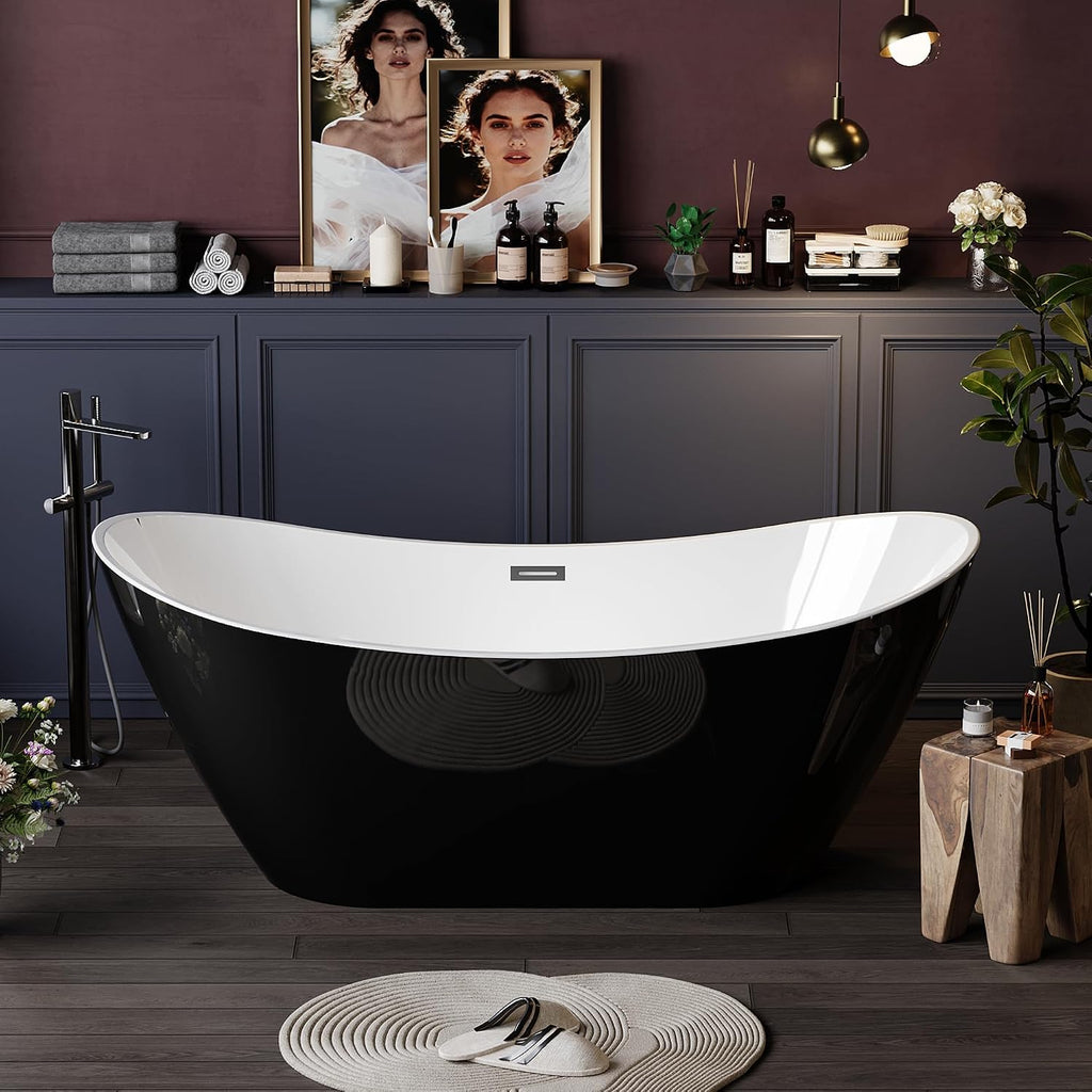 67 Inch Acrylic Freestanding Bathtub, Acrylic Soaking Bathtub with Matte Drain and Overflow, Modern Square Tub, cUPC Certified, Deep Ergonomic Design, Double-Walled Insulation, Easy Installation