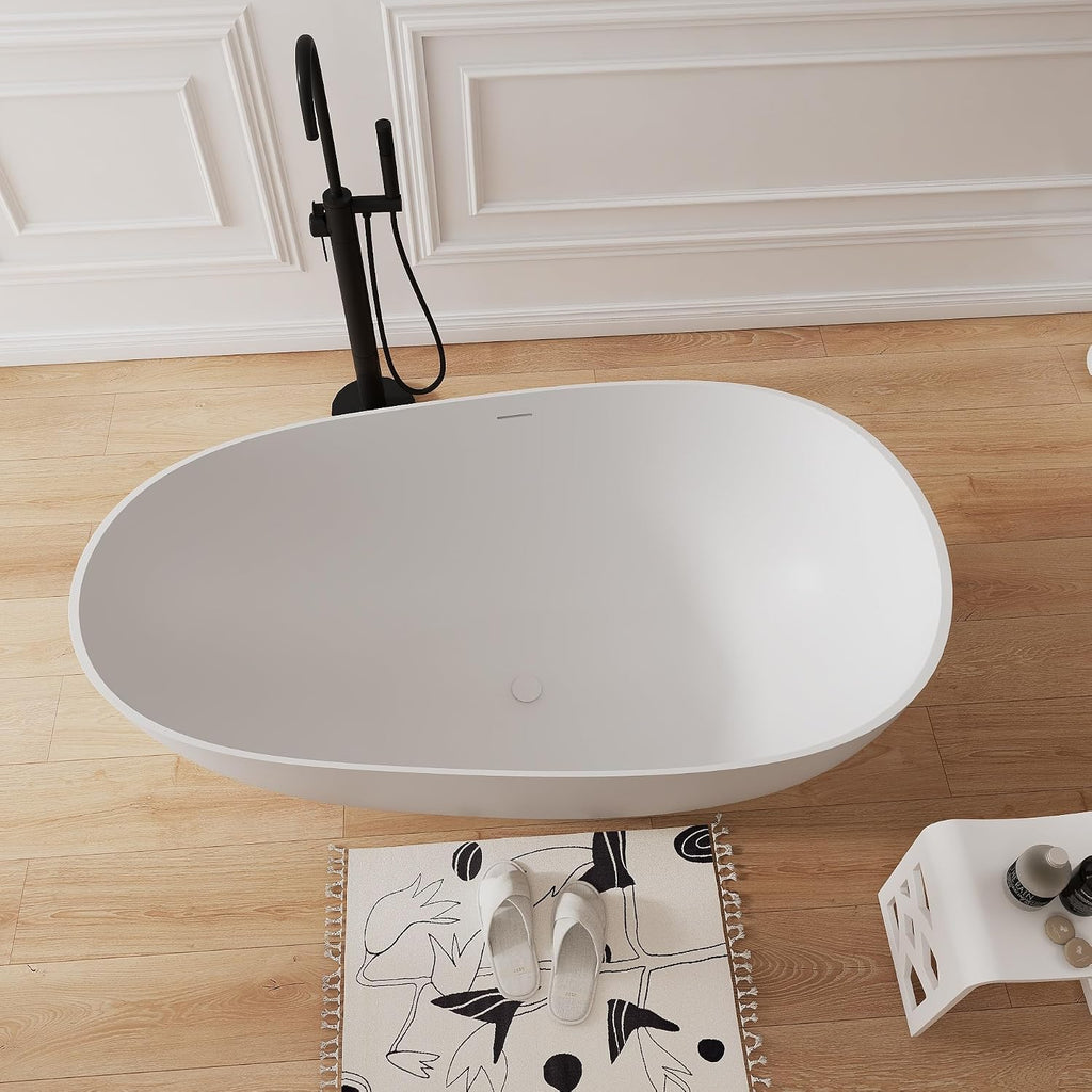 59' Solid Surface Freestanding Soaking Bathtub,Modern Oval Stone Resin Tubs with Overflow and Pop-up Drain, Matte White