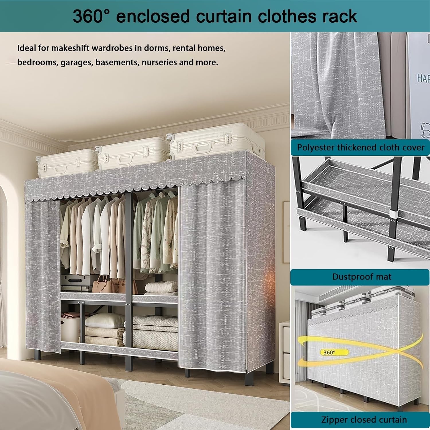 Heavy Duty Metal Clothing Rack with Cover Foldable Covered Clothes Rack with 2 Hanging Rods Freestanding Portable Wardrobe Closets Garment Rack Wardrobe Clothes Organizer ﻿(125cm/49.2in)