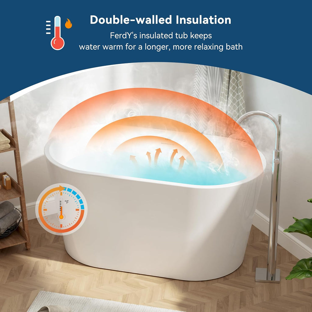 FerdY Shangri-La 47' Acrylic Freestanding Bathtub, Small Classic Oval Shape Acrylic Soaking Bathtub with White Drain & Minimalist Linear Design Overflow, Modern White, cUPC Certified
