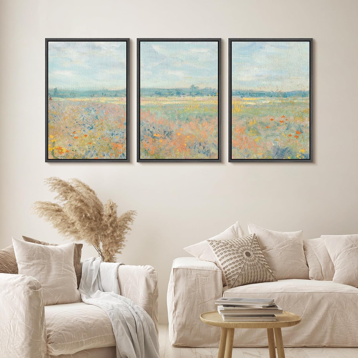 wall26 Framed Canvas Print Wall Art Set Wildflower Field Panorama Impressionist Landscape Illustrations Modern Art Decorative Floral Botanical Minimal for Bedroom - 24'x36'x3 Black