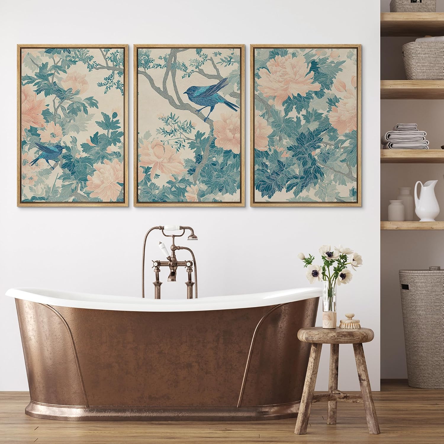 wall26 Framed Print Wall Art Set Elegant Blue Bird and Peony Floral Pattern Decorative Minimal Relax/Zen for Living Room, Bedroom, Office - 16'x24'x3 NATURAL