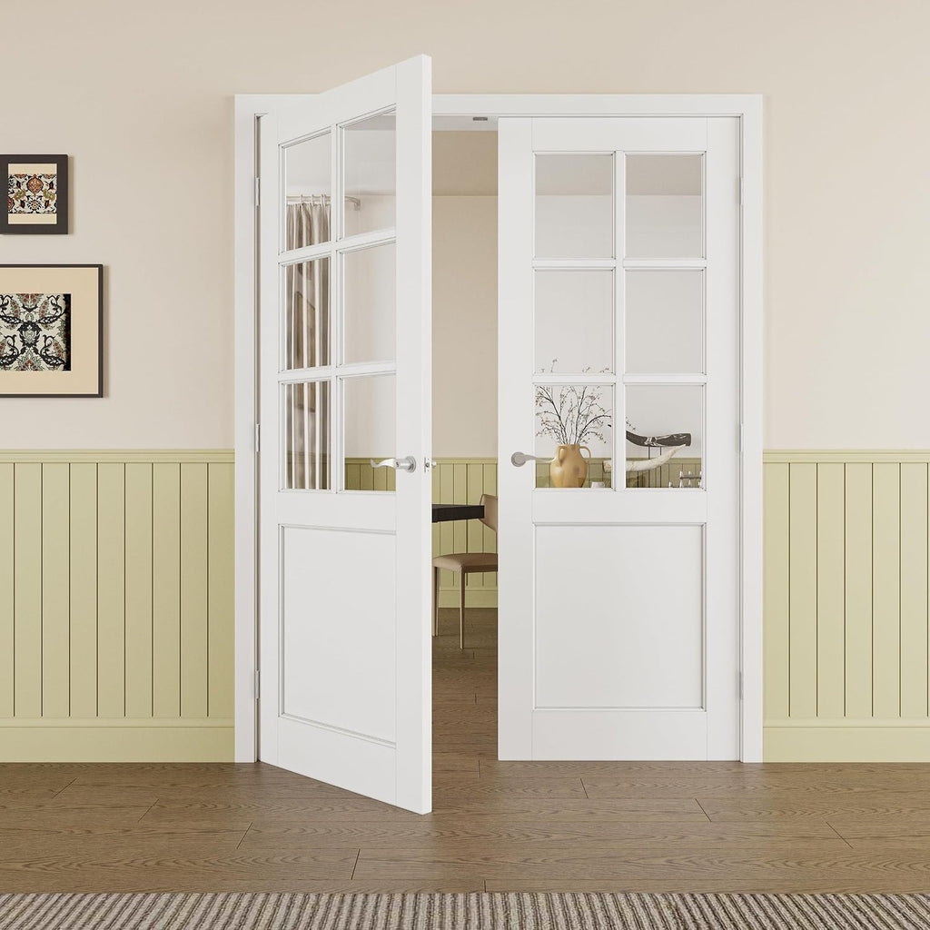 Prehung French Door 72'x80' (2x36 in), 6-Lite Tempered Clear Glass Door Slabs with Jamb, Silver Hinges, 4 Levers & Latch, Solid Core Interior Door, Pre-Finished & Paintable, MDF Double Doors Interior