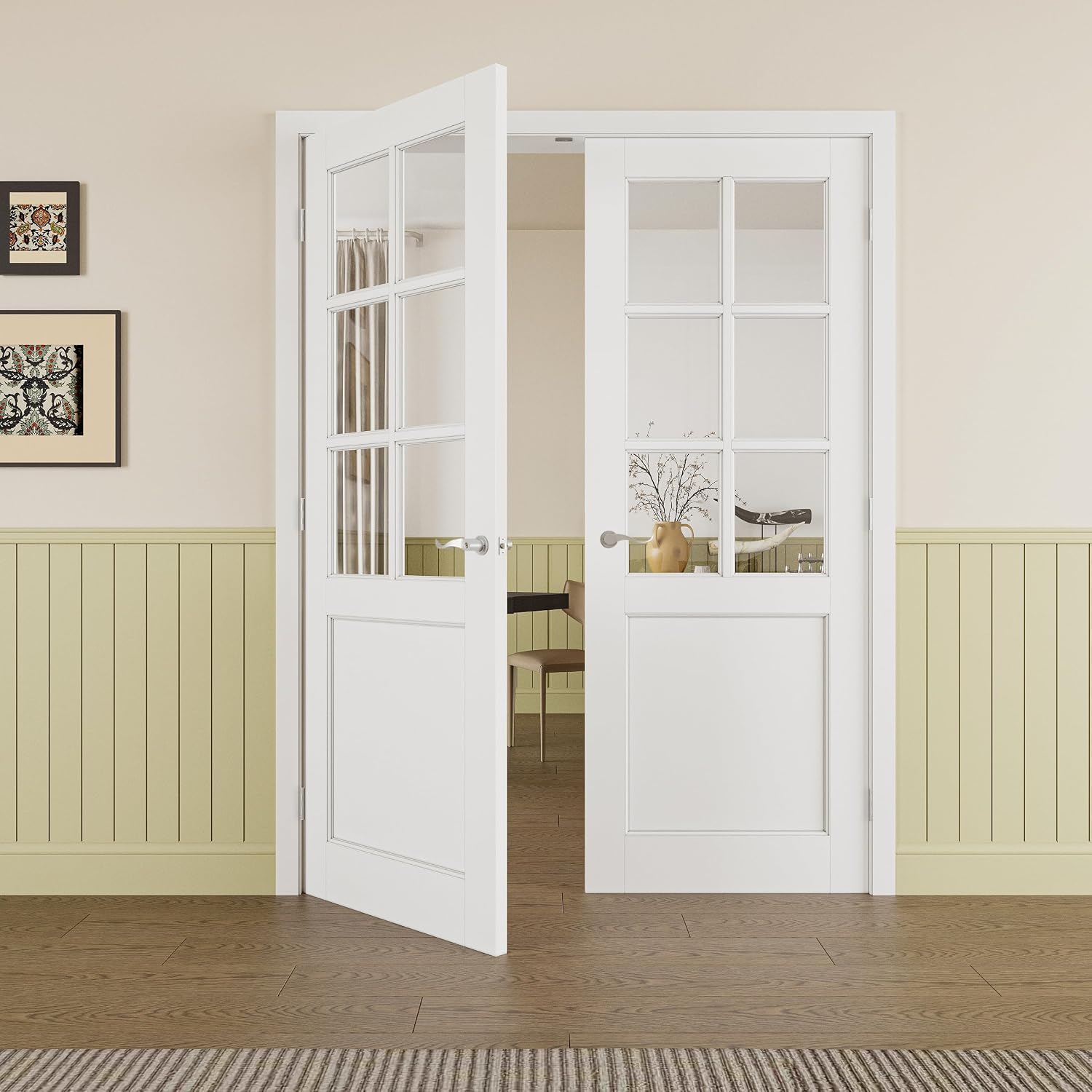 Prehung French Door 72'x80' (2x36 in), 6-Lite Tempered Clear Glass Door Slabs with Jamb, Silver Hinges, 4 Levers & Latch, Solid Core Interior Door, Pre-Finished & Paintable, MDF Double Doors Interior