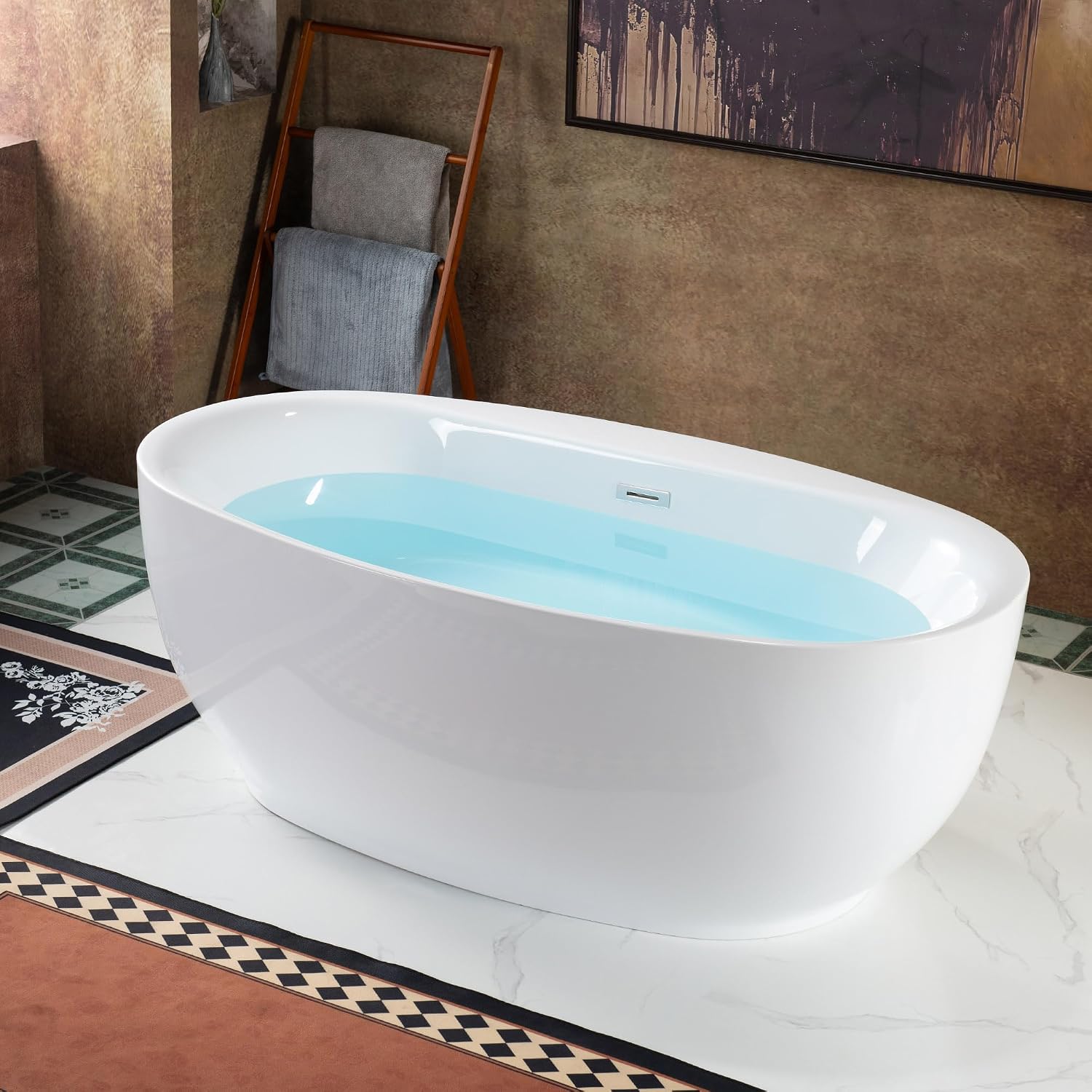 WOODBRIDGE 66' Acrylic Freestanding Bathtub Contemporary Soaking White Tub with Chrome Overflow and Drain，B0027-C