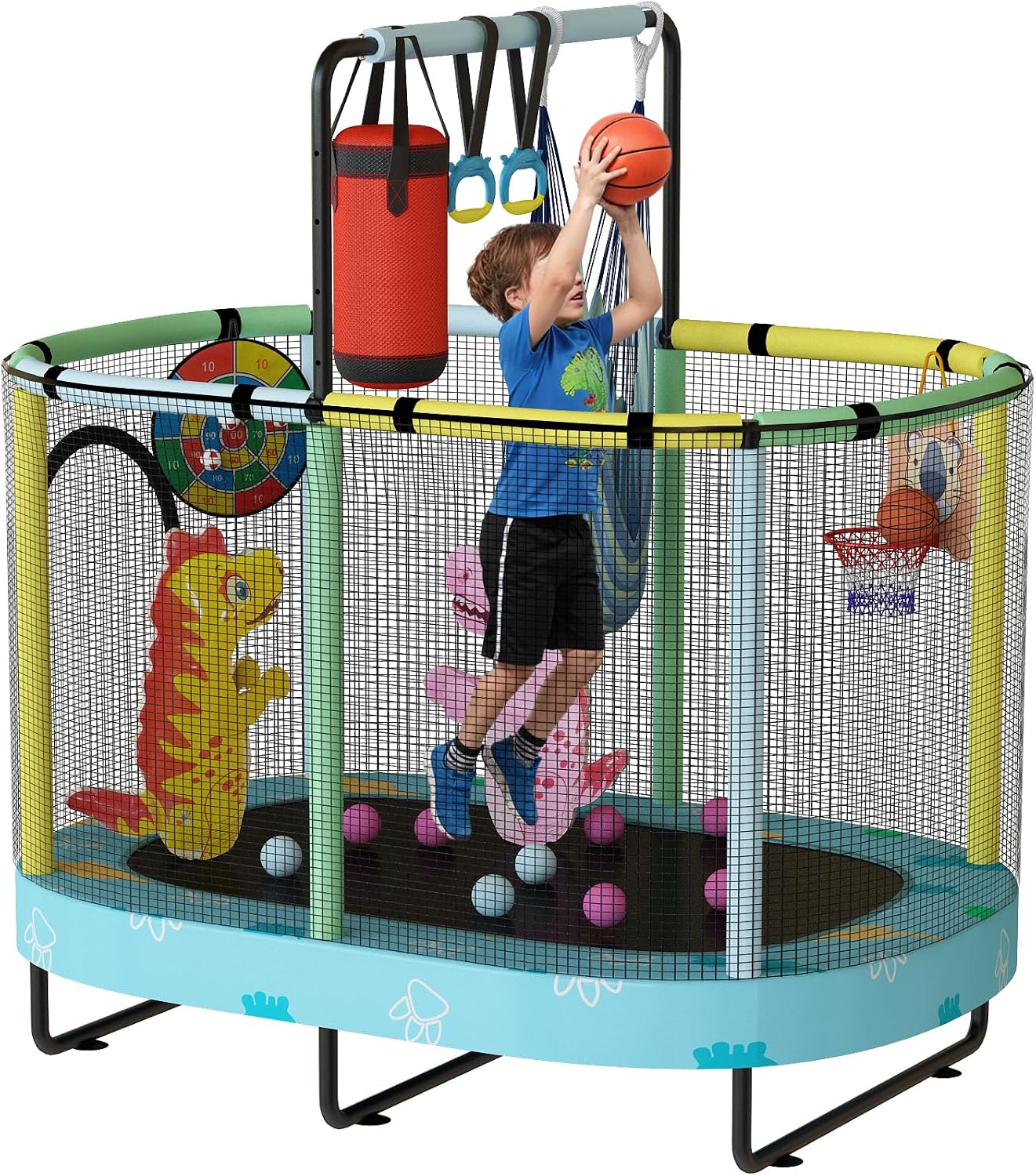 Lamerge Kids Trampoline, Indoor Trampoline Approved by ASTM, Safety Enclosure Net and Adjustable Handrail, 1-8 Children, 500lbs Capacity, 7-in-1, 60'