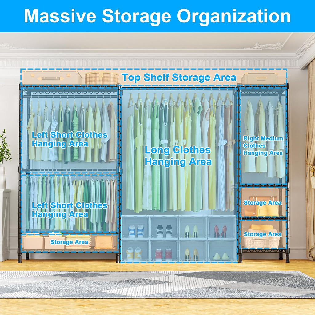 Ulif E10 (With Stretchable Hanger Rod) and E13C (With Dustproof Cover) Closet Organizer System, Freestanding Clothing Racks for Hanging Clothes，Adjustable Garment Rack