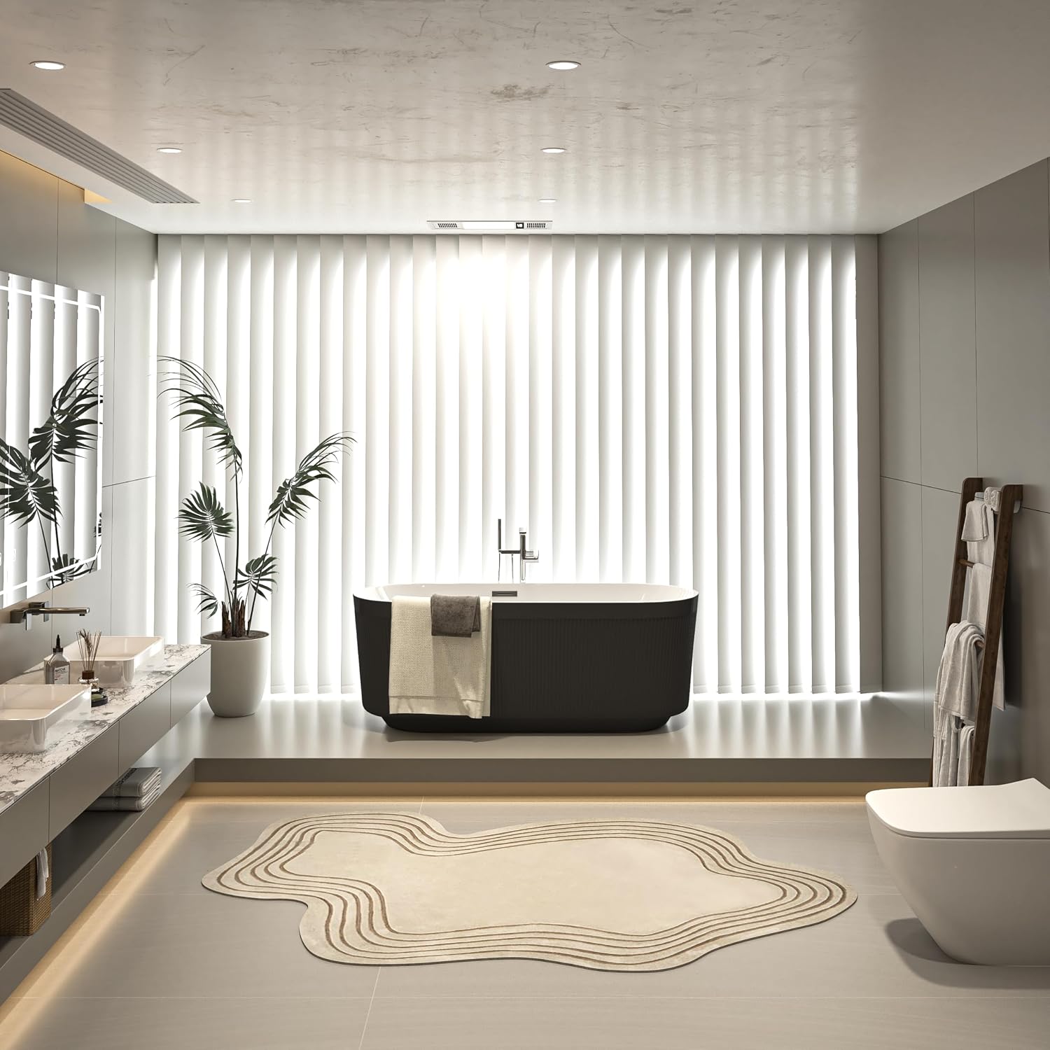 59' Acrylic Freestanding Bathtub with Unique Pleated Design, Spacious Oval Shape, Gloss Black Finish, Chrome Overflow & Pop-Up Drain