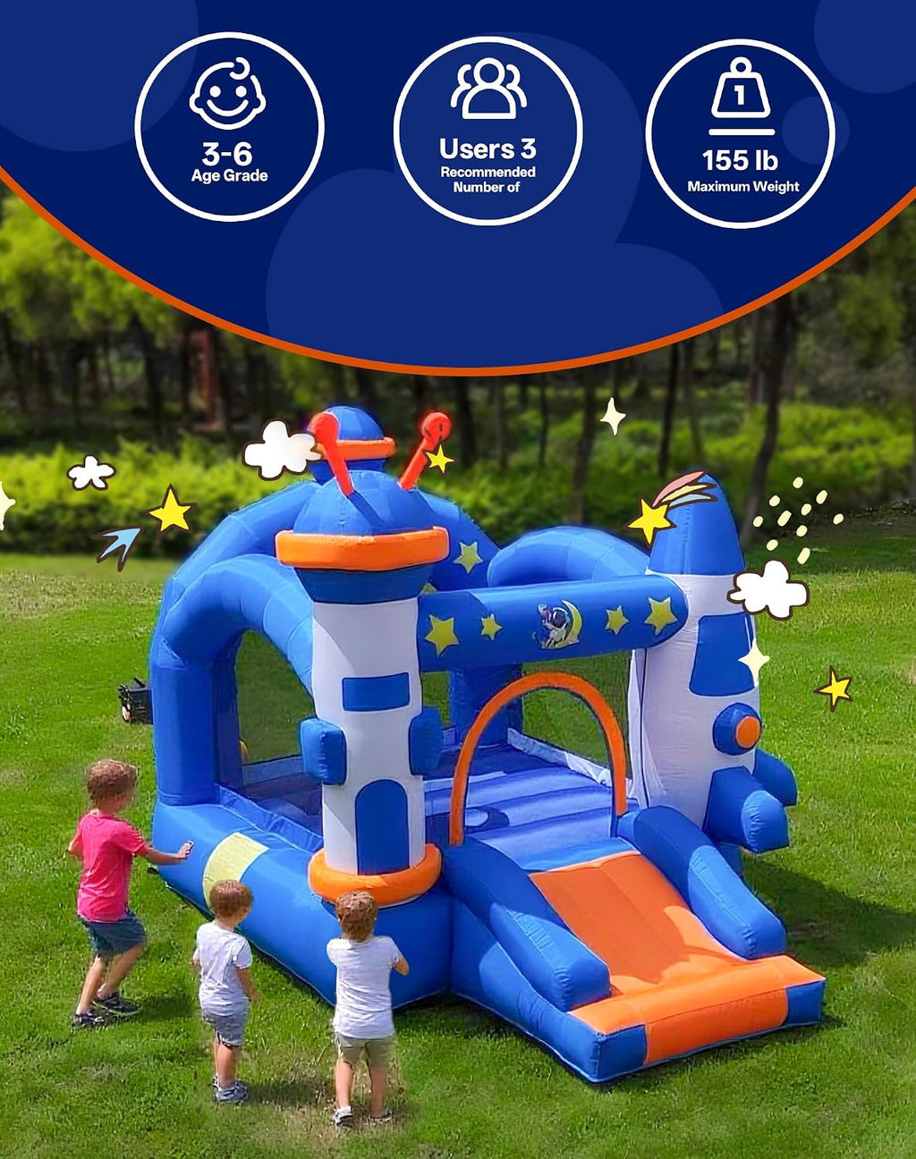 Bounce House, Inflatable Bouce House for Kids 3-6 with Basketball Hoop Jump Area and Slide, Space-Themed Inflatable Bouncy Castle with Air Blower for Indoor/Outdoor