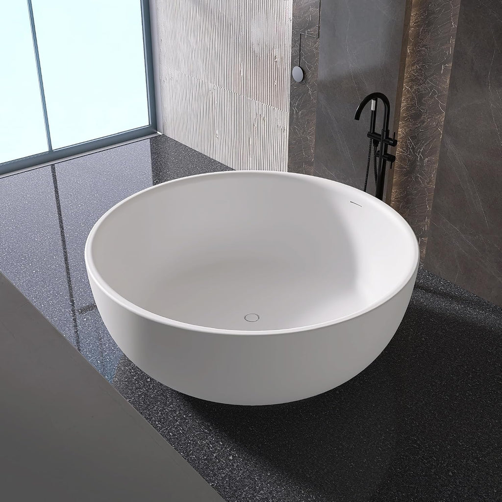 59'' Stone Resin Solid Surface Freestanding Bathtub,Round Bathtub，Modern Elegant Design Soaking Stand Alone Tub, Matte White, Drain and Overflow Included 005-1500