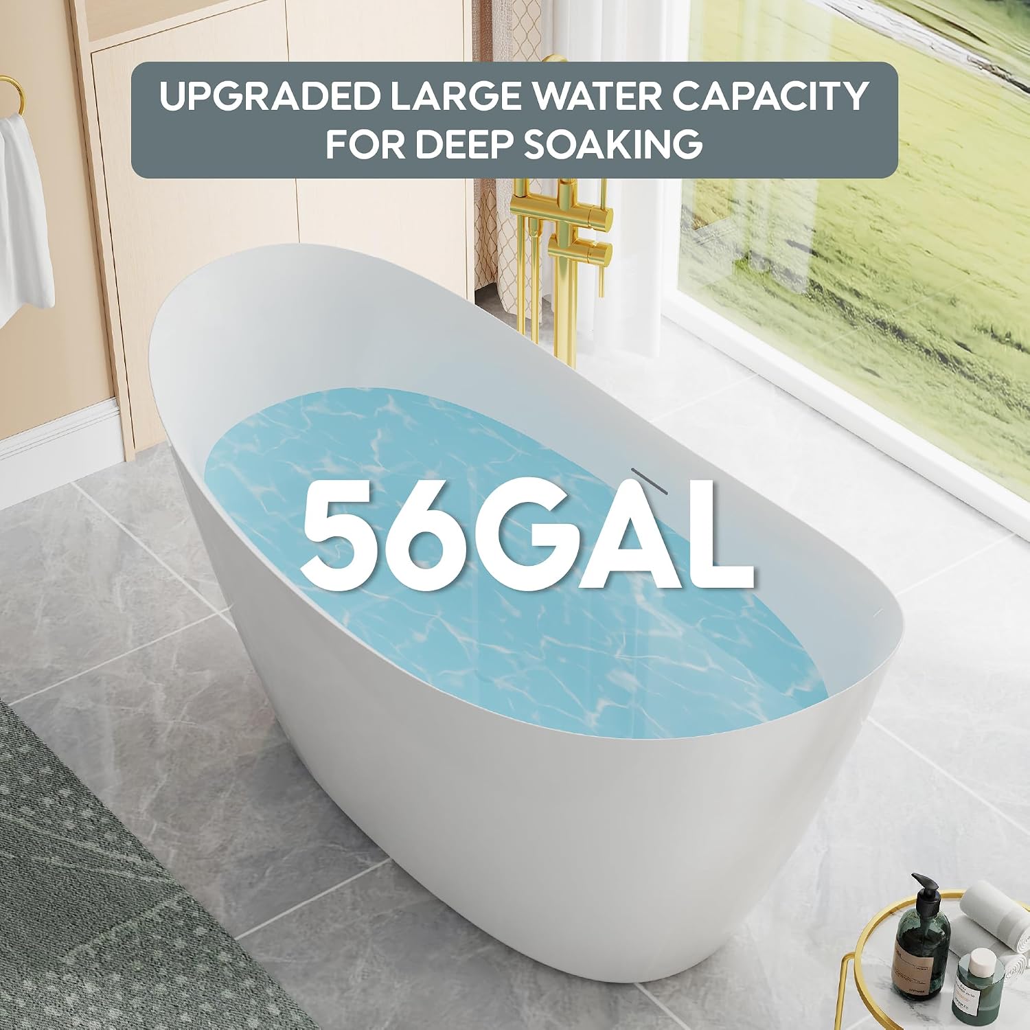 WELLFOR 60' Freestanding Acrylic Bathtub with Drain and Integrated Slotted Overflow, Soaking Bath Tub with Predrilled Overflow Holes, Soaking Bath Tub 56 Gallons Capacity, Glossy White